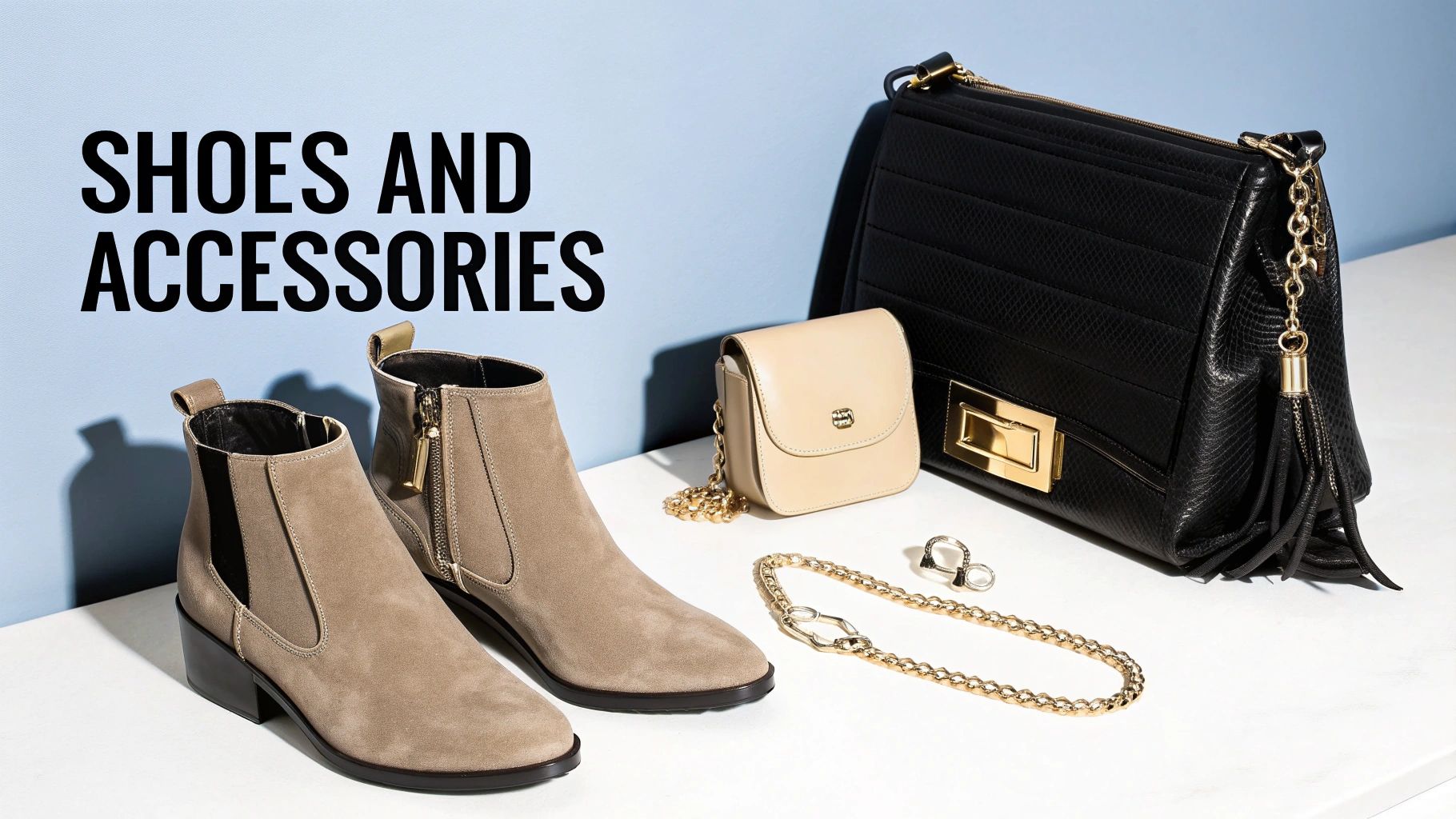 Stylish women's fashion accessories display featuring tan suede ankle boots, black handbag, beige mini bag, and gold jewelry.