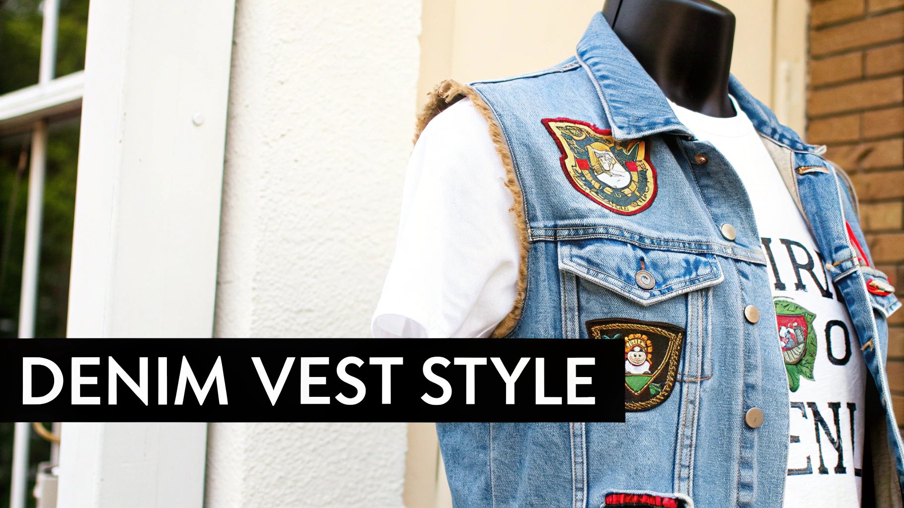 Close-up of a light blue denim vest with colorful patches, worn over a white t-shirt on a mannequin.