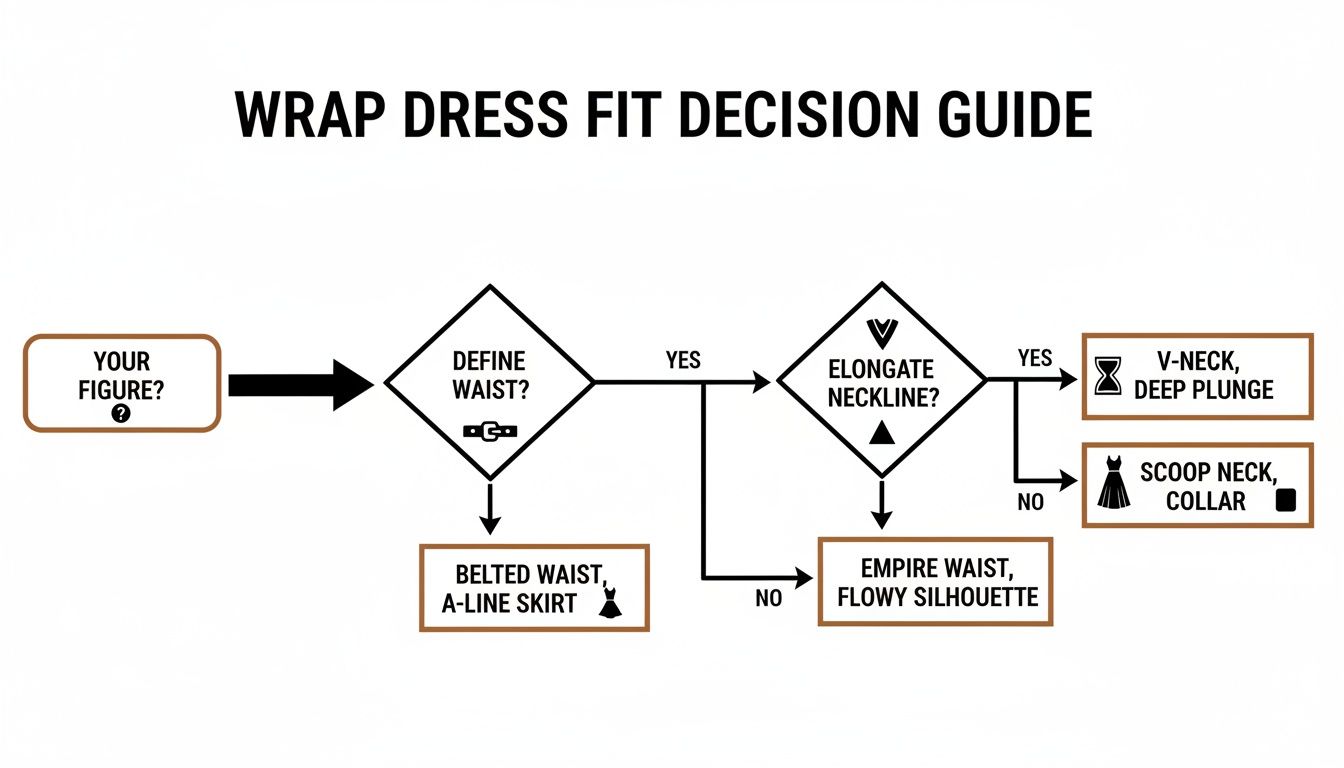 Flowchart guide for choosing the right wrap dress fit based on waist definition and neckline elongation.