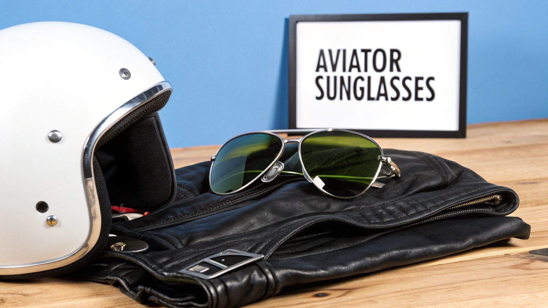 A classic white motorcycle helmet, black leather jacket, and aviator sunglasses on a wooden surface.
