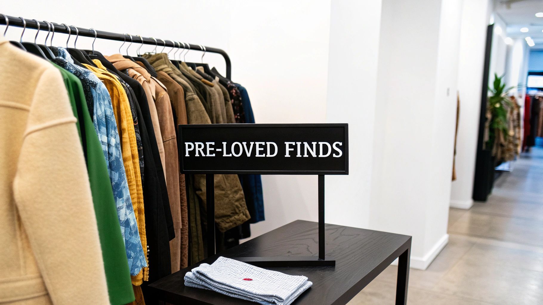 Woman browsing a rack of colorful vintage clothing
