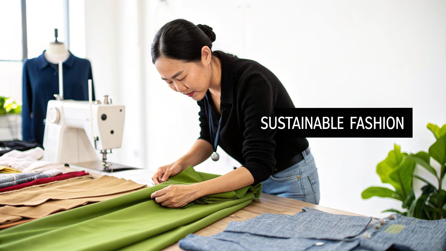 An Asian woman fashion designer working with green fabric, promoting sustainable fashion in a studio.