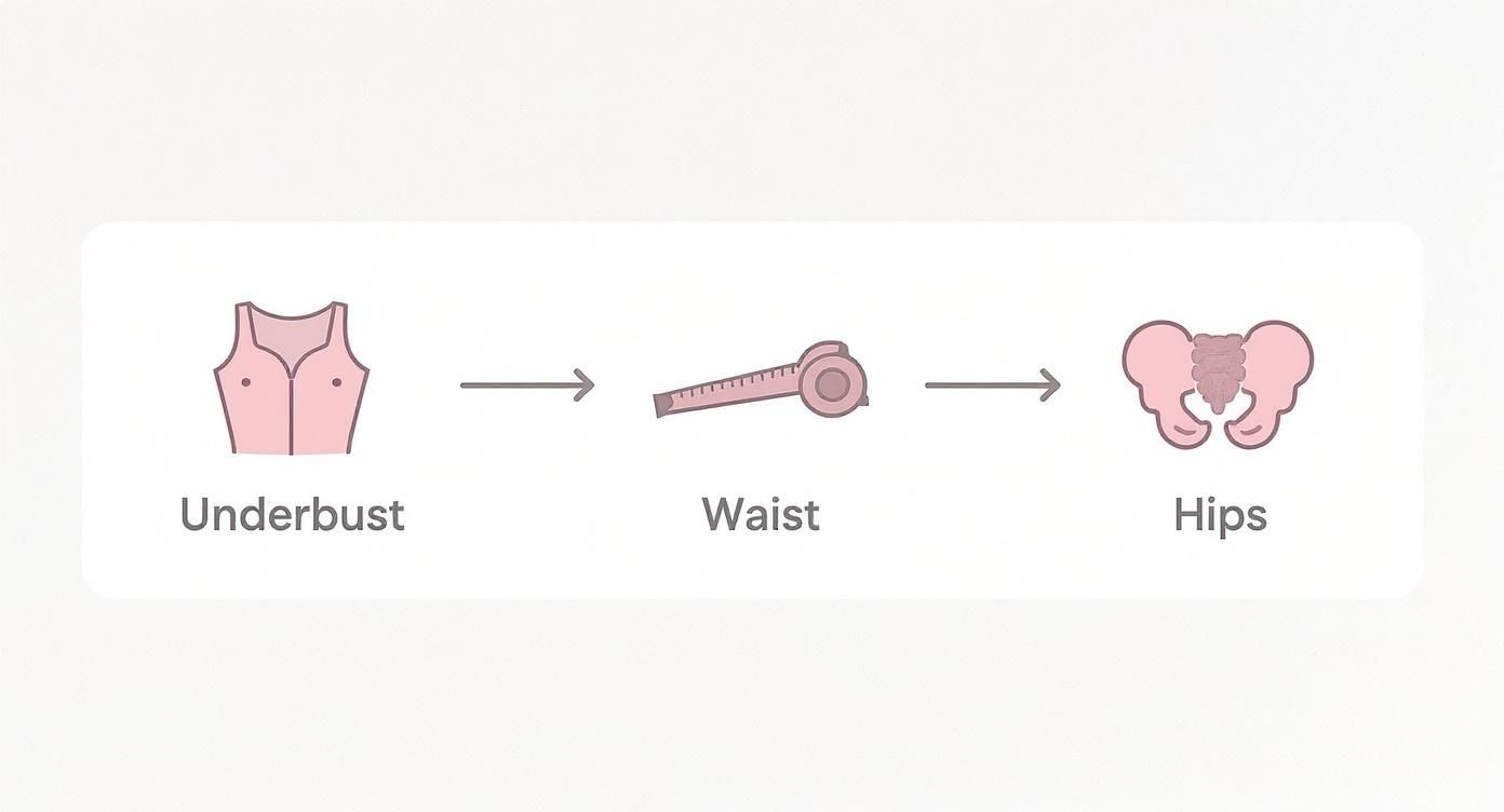 Infographic showing the three key measurement points for a corset fit underbust, waist, and hips, using icons in a minimalist pastel pink and black style.