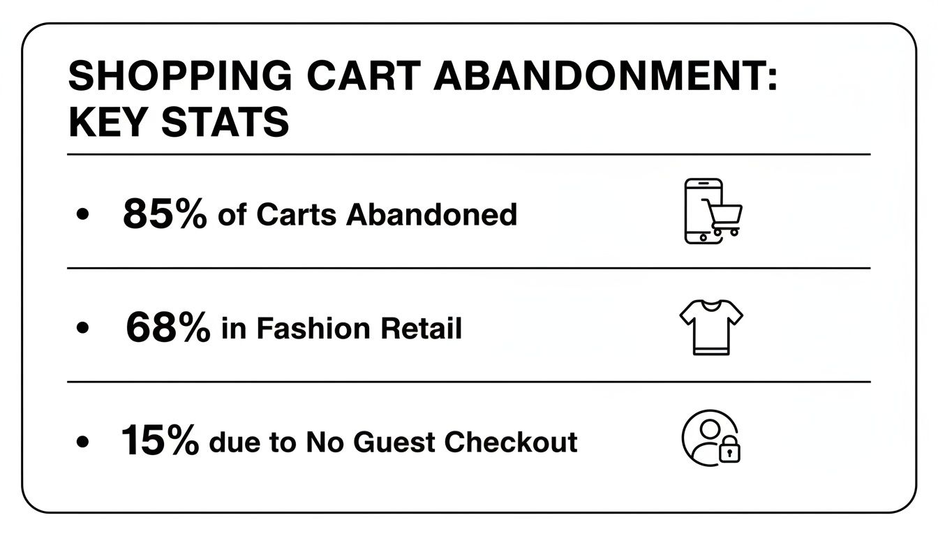Infographic detailing key shopping cart abandonment statistics: 85% total, 68% in fashion, 15% due to no guest checkout.