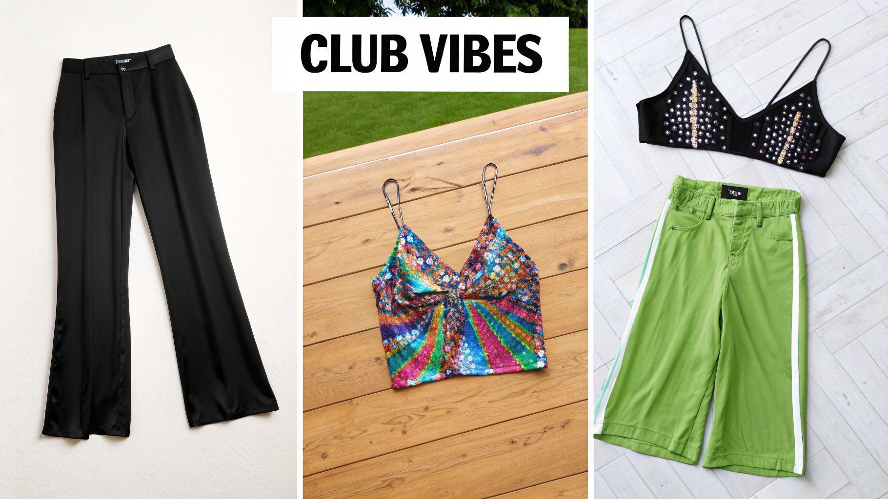 Three vibrant club outfits including black wide-leg pants, a colorful sequin top, and a studded bralette with green capris.