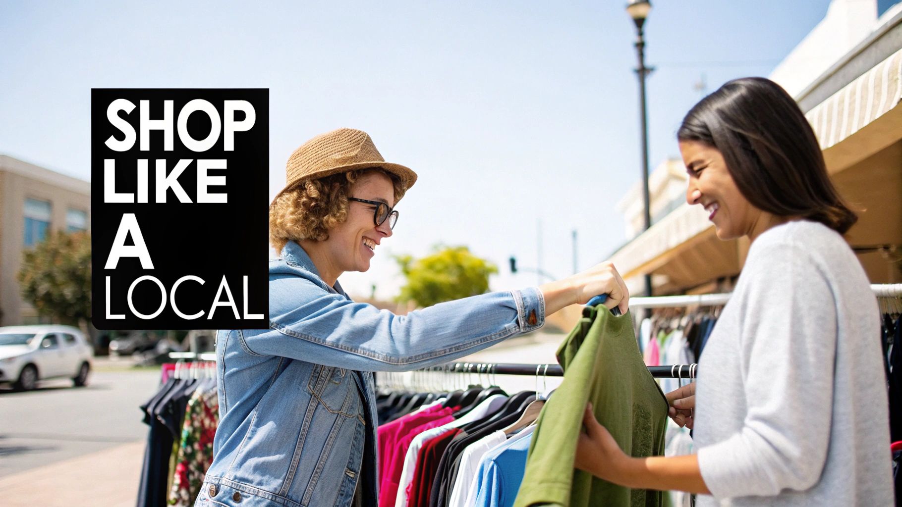 Two smiling women shop for clothes from an outdoor rack with 'SHOP LIKE A LOCAL' text.