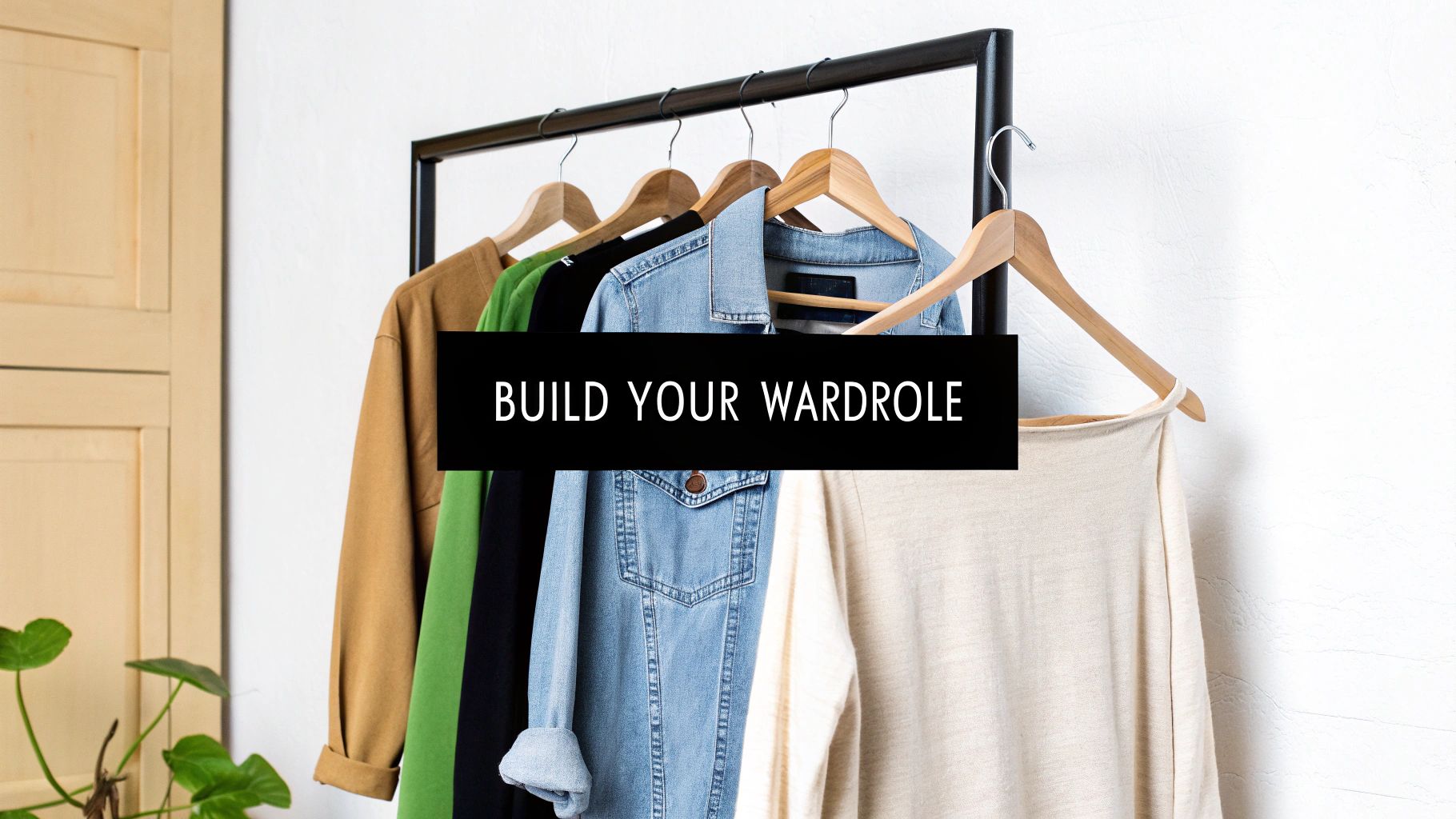 Minimalist clothing rack with neutral and denim garments on wooden hangers with build your wardrobe text