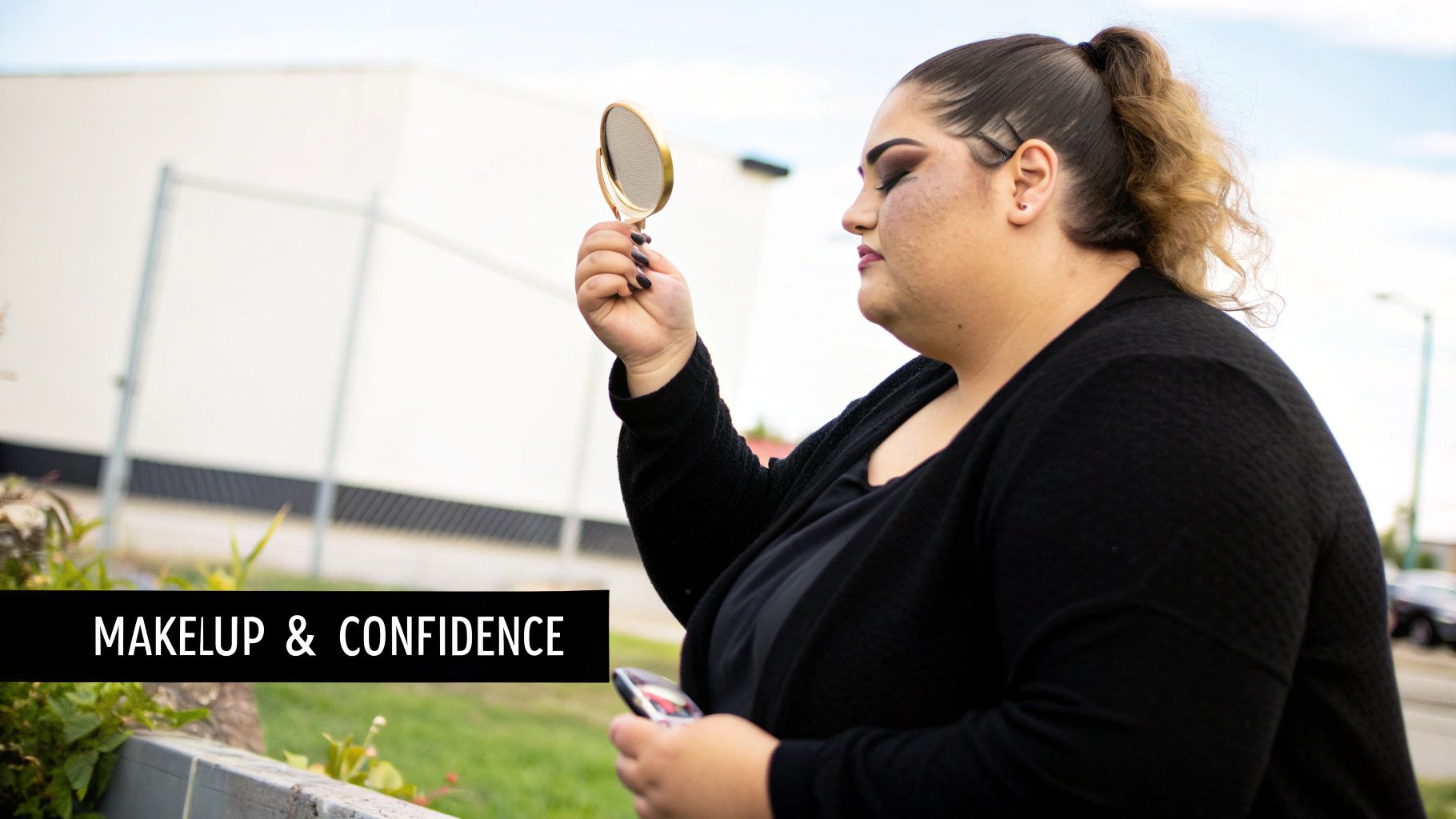A plus-size woman with dark makeup looks into a small handheld mirror, exuding confidence.