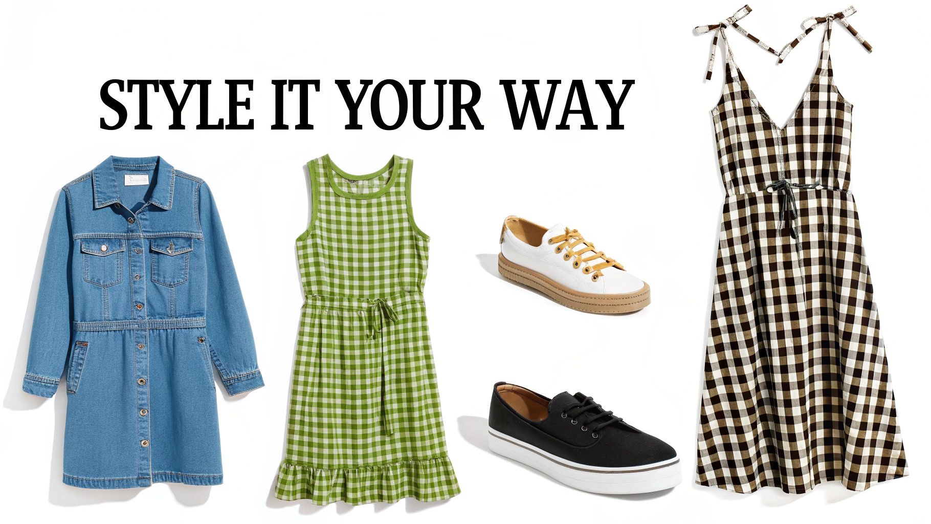 A fashion display with a denim dress, two gingham dresses, and two pairs of sneakers for styling options.
