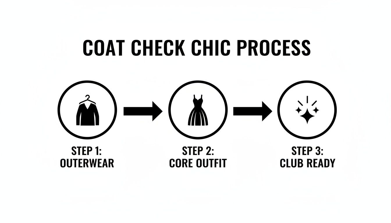 Flowchart illustrating the 'Coat Check Chic Process' with steps for outerwear, core outfit, and club readiness.