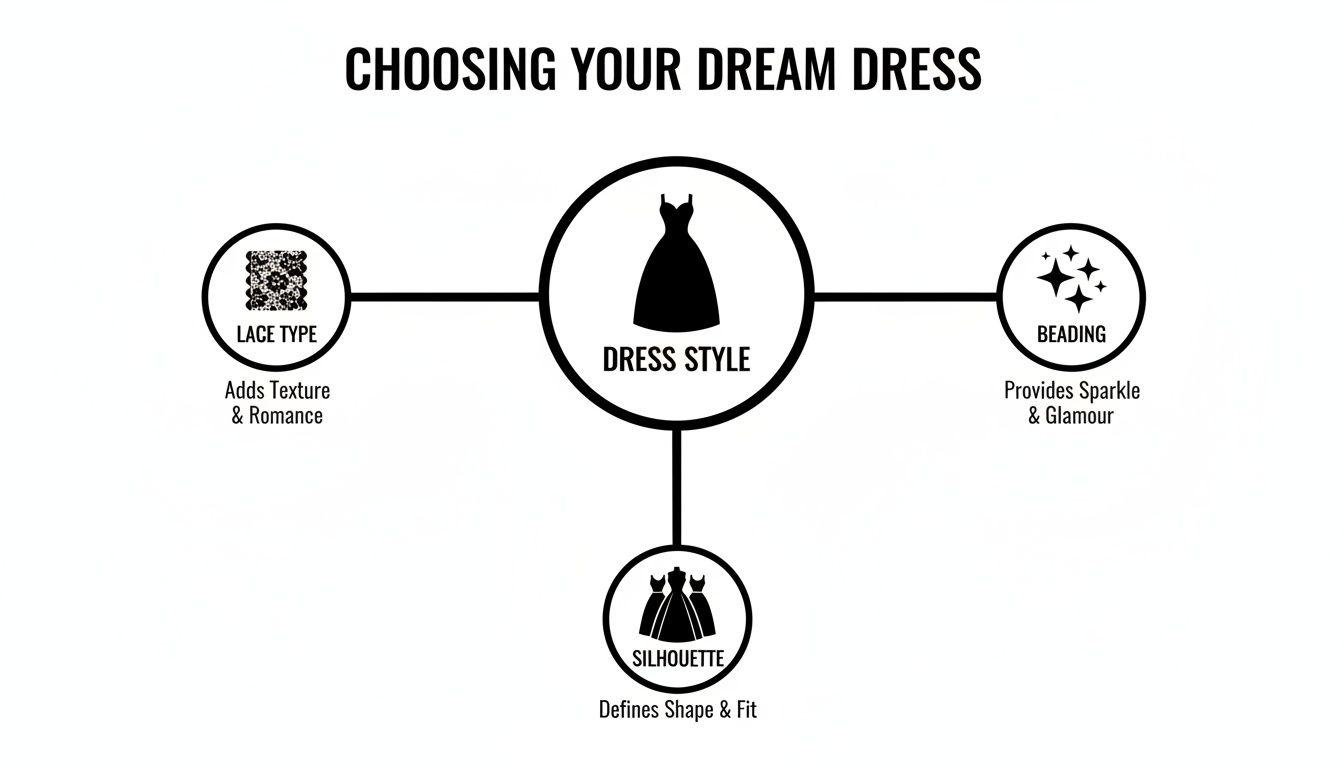 A diagram titled 'Choosing Your Dream Dress' highlights dress style, lace type, beading, and silhouette.