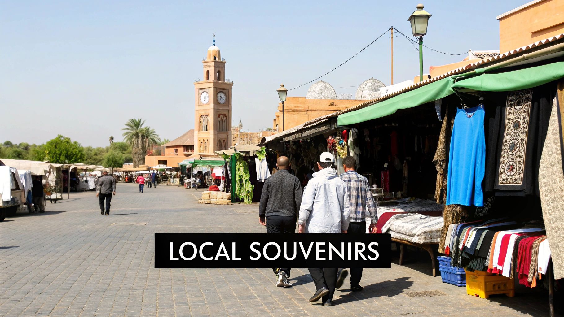 People stroll through a lively outdoor market featuring souvenir stalls and a distinctive clock tower.