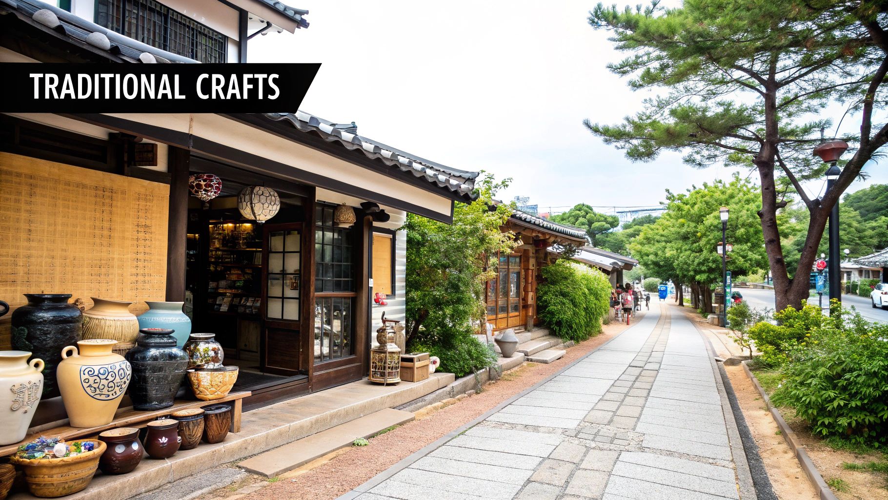 A traditional Japanese street scene with a craft shop displaying a variety of handmade pottery and decorative items.