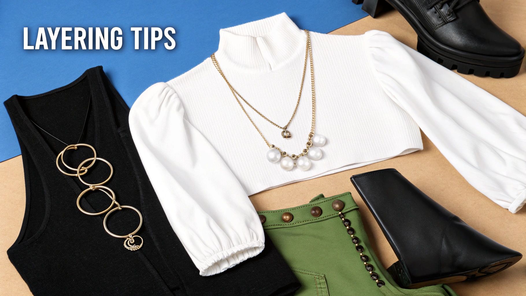 A flat lay of fashion items for layering: a white bell sleeve crop top, black tank, green bottoms, necklaces, and boots.