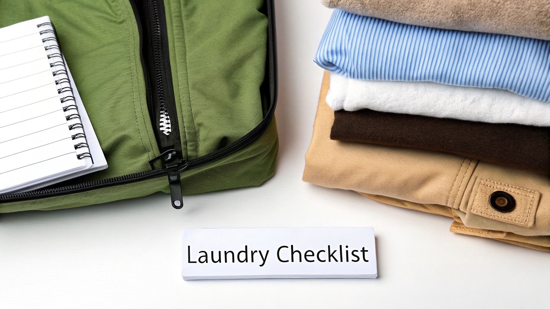 A green laundry bag with a notebook, a stack of folded clothes, and a 'Laundry Checklist' card on a white surface.