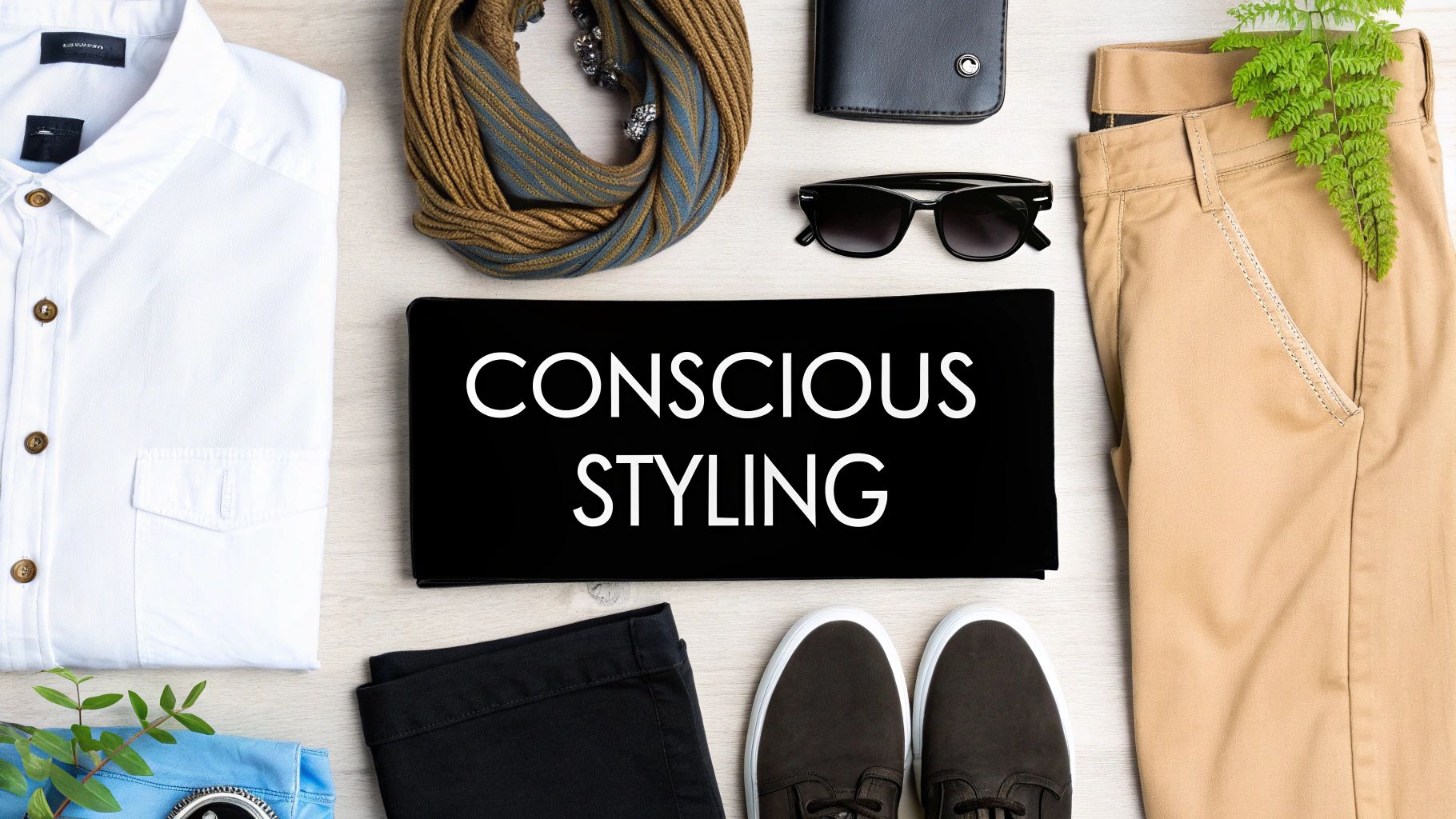 A woman with a joyful expression styles a versatile outfit, showcasing her personality through sustainable fashion.