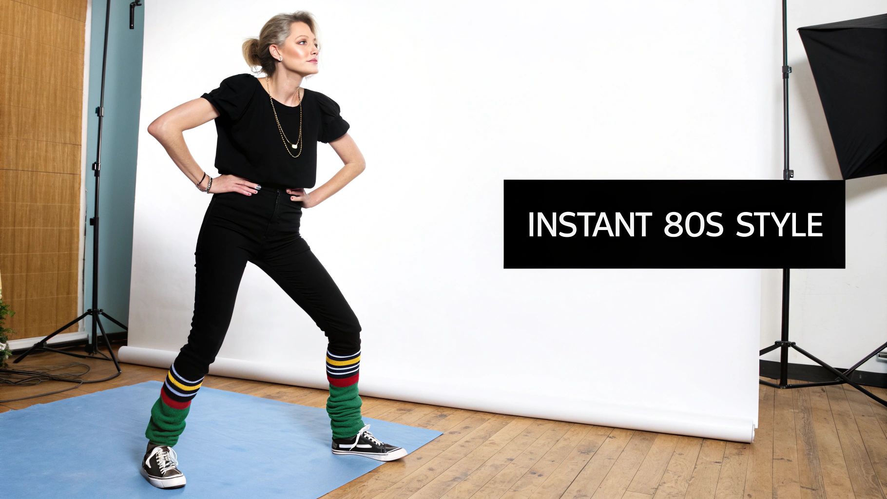 A woman wearing colorful 80s style leg warmers over leggings while roller skating.