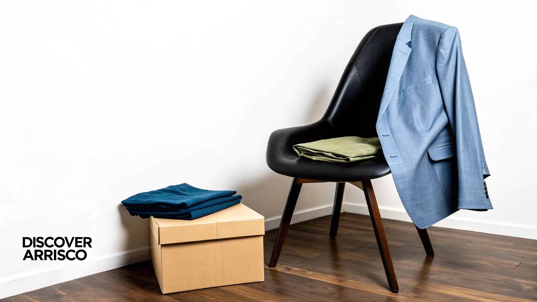 A blue blazer and folded green fabric on a black chair, beside a cardboard box with blue garments.