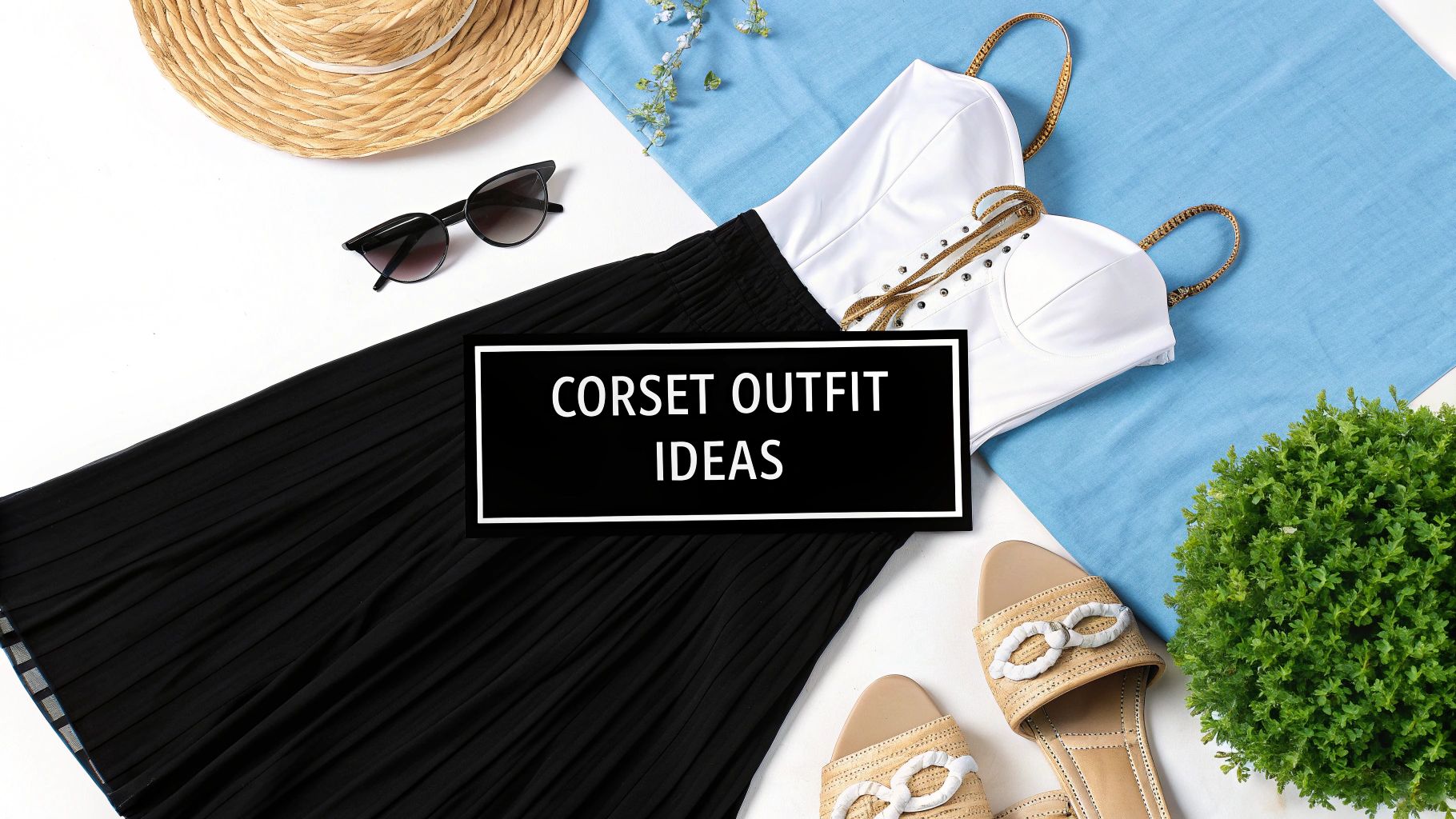 A person in a modern outfit styling a corset with ribbon over a simple top and jeans.