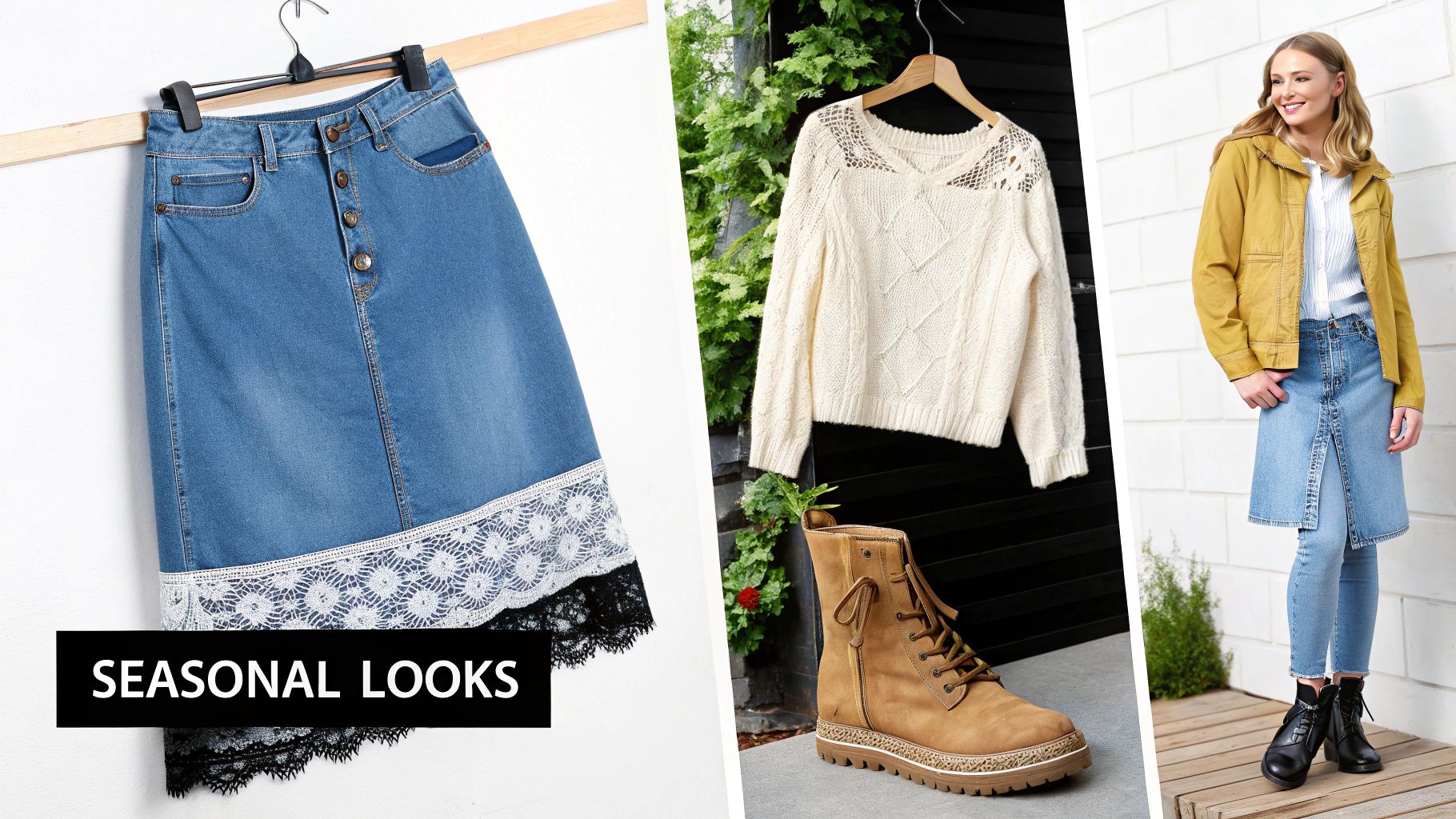 Three seasonal looks: a lace-trimmed denim skirt, a cream sweater, and a woman in a yellow jacket and denim.