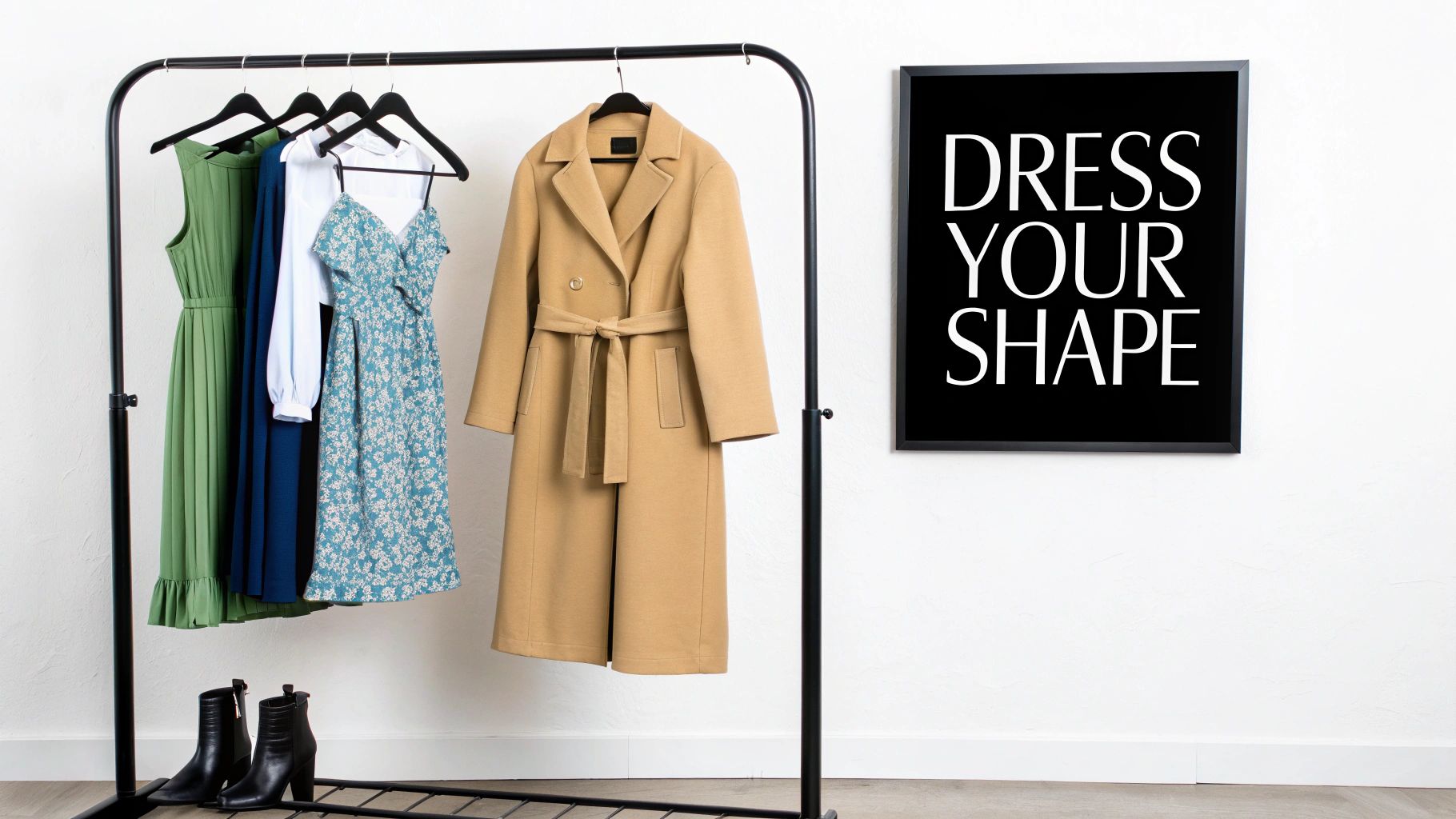 A clothing rack displaying various dresses and a coat, with boots below, next to a 'DRESS YOUR SHAPE' sign.