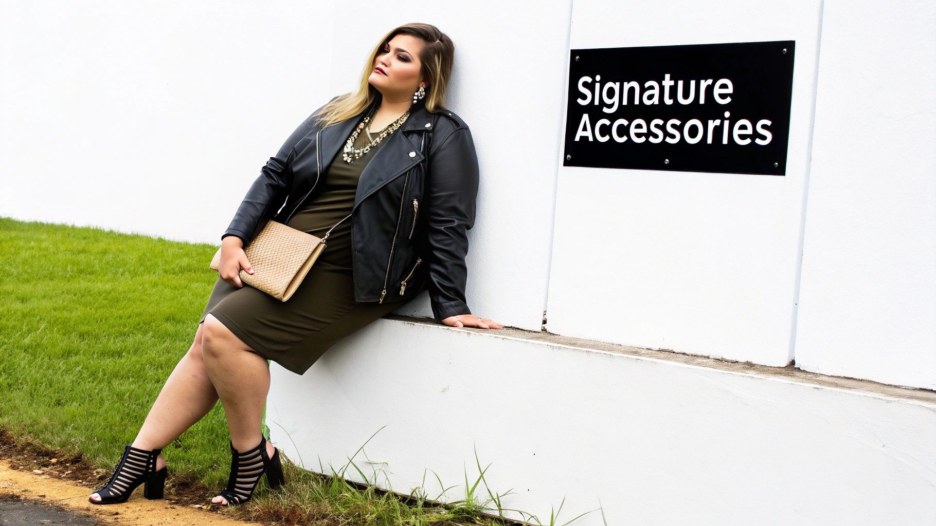 A stylish plus-size woman in a black leather jacket, olive dress, and heels leans against a white wall with a "Signature Accessories" sign.