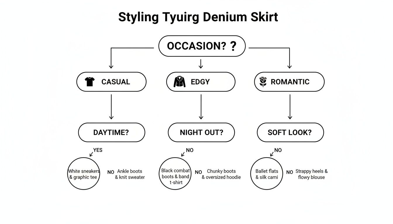 Flowchart illustrating styling options for a denim skirt based on occasion and specific garment choices.