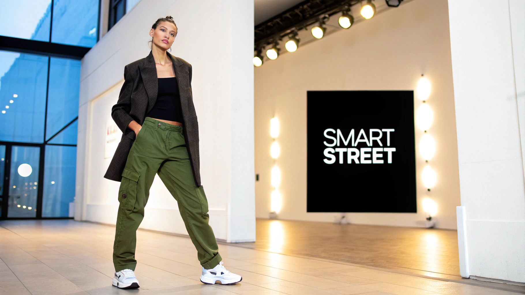 A stylish woman in a dark blazer, black top, and green cargo pants poses indoors.