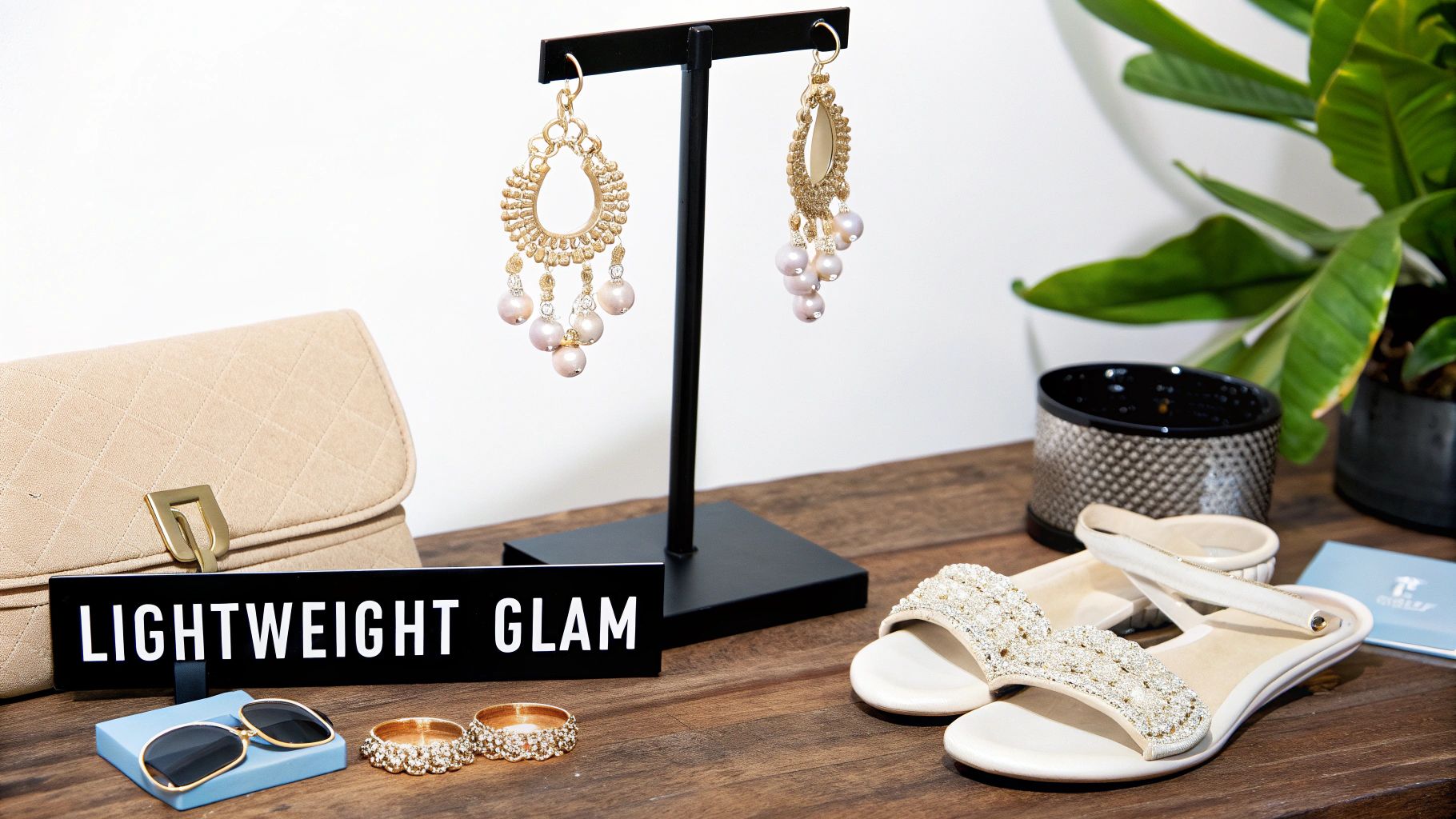 A collection of glamorous summer accessories including a clutch, pearl earrings, sandals, and rings on a wooden table.