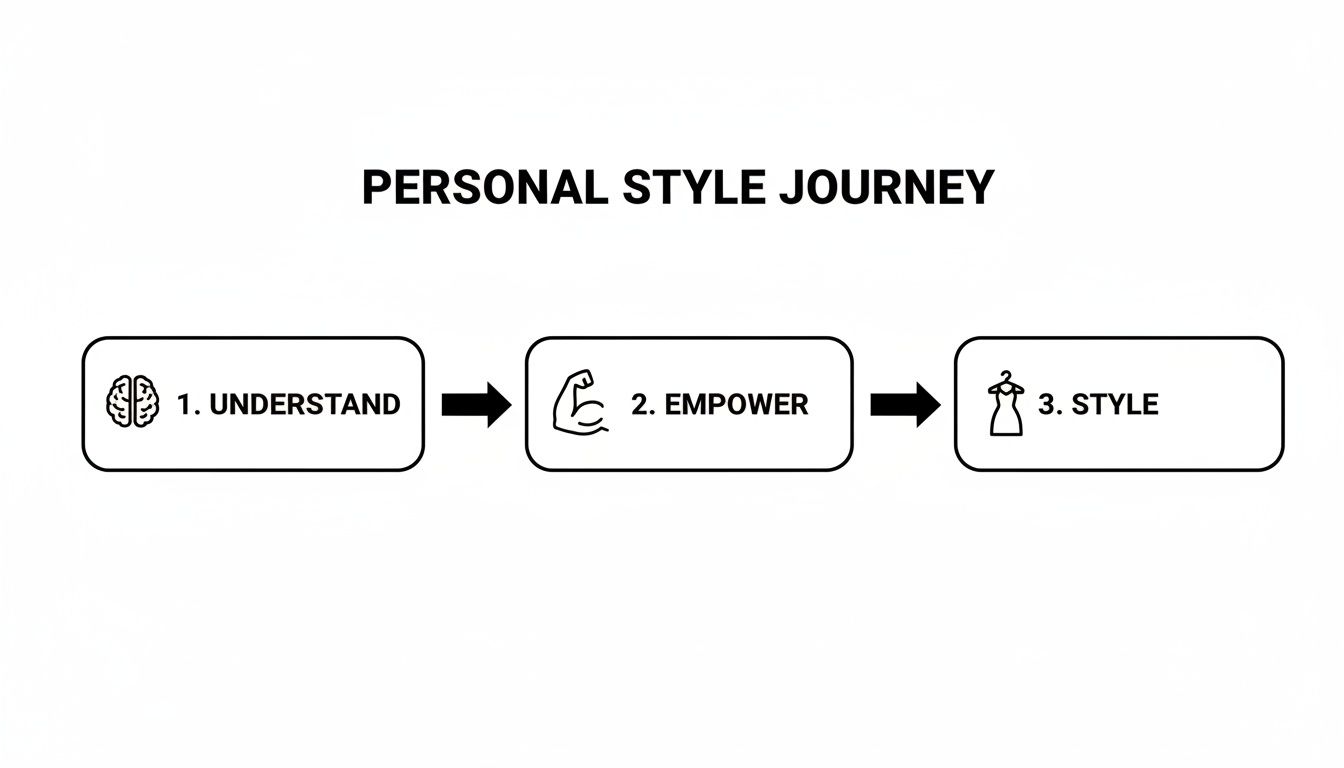 A flowchart titled 'Personal Style Journey' shows three steps: 1. Understand (brain icon), 2. Empower (muscle icon), 3. Style (dress icon).