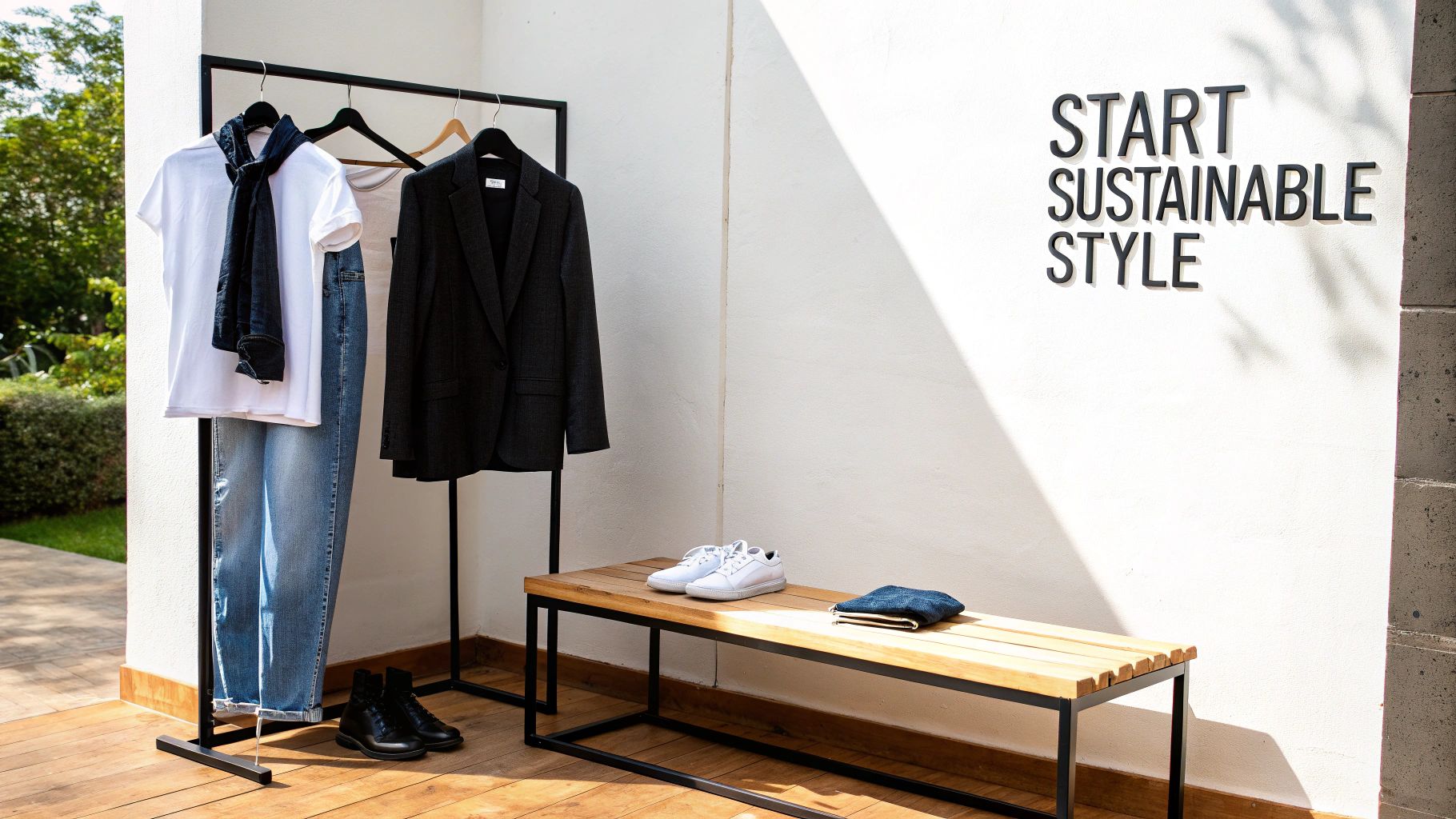 Close-up of a clothing rack filled with garments in neutral, earthy tones, suggesting natural fabrics and sustainable fashion.