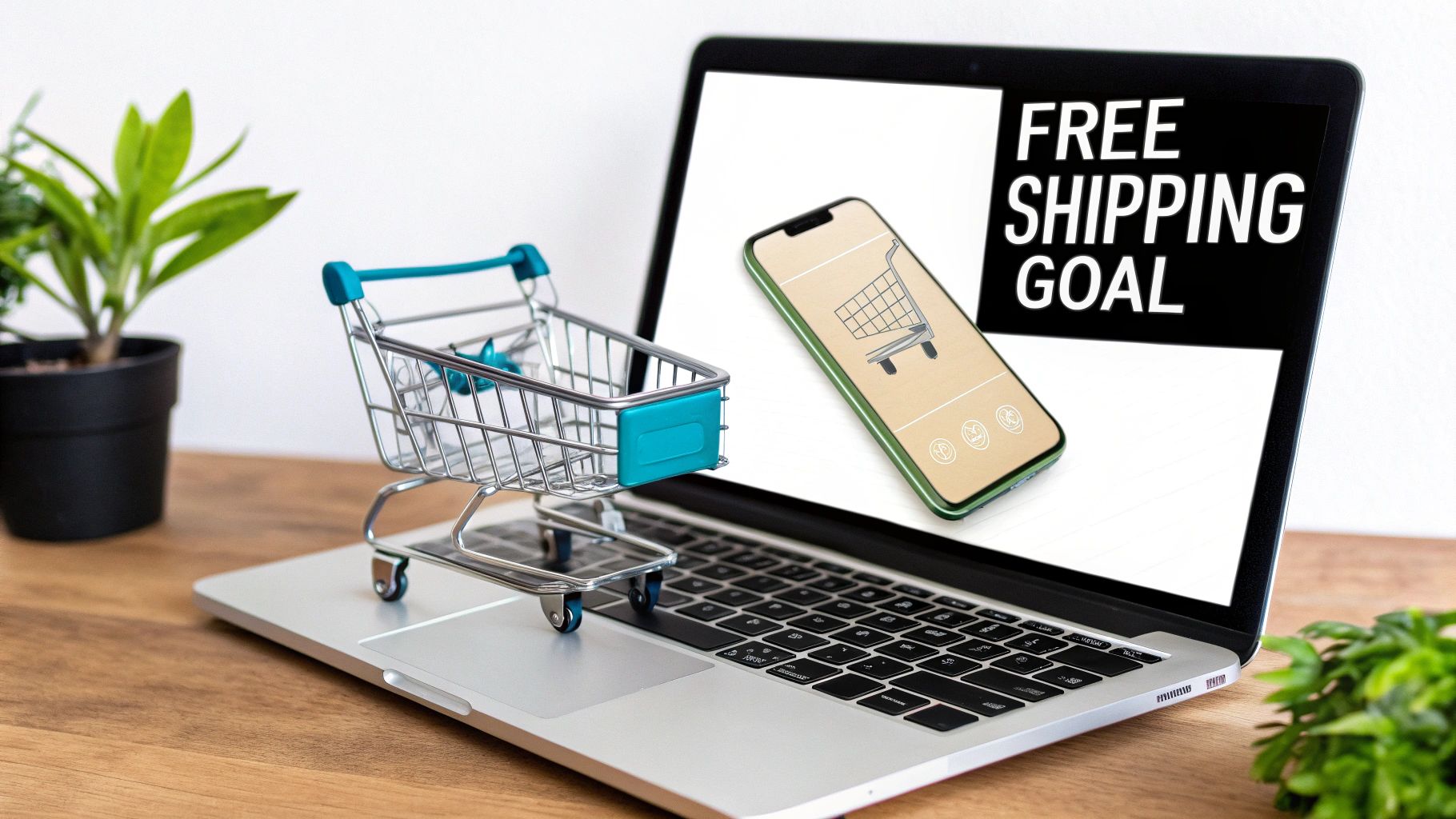 A miniature shopping cart on a laptop with a smartphone displaying a cart icon, and 'FREE SHIPPING GOAL' on screen, symbolizing e-commerce achievement.