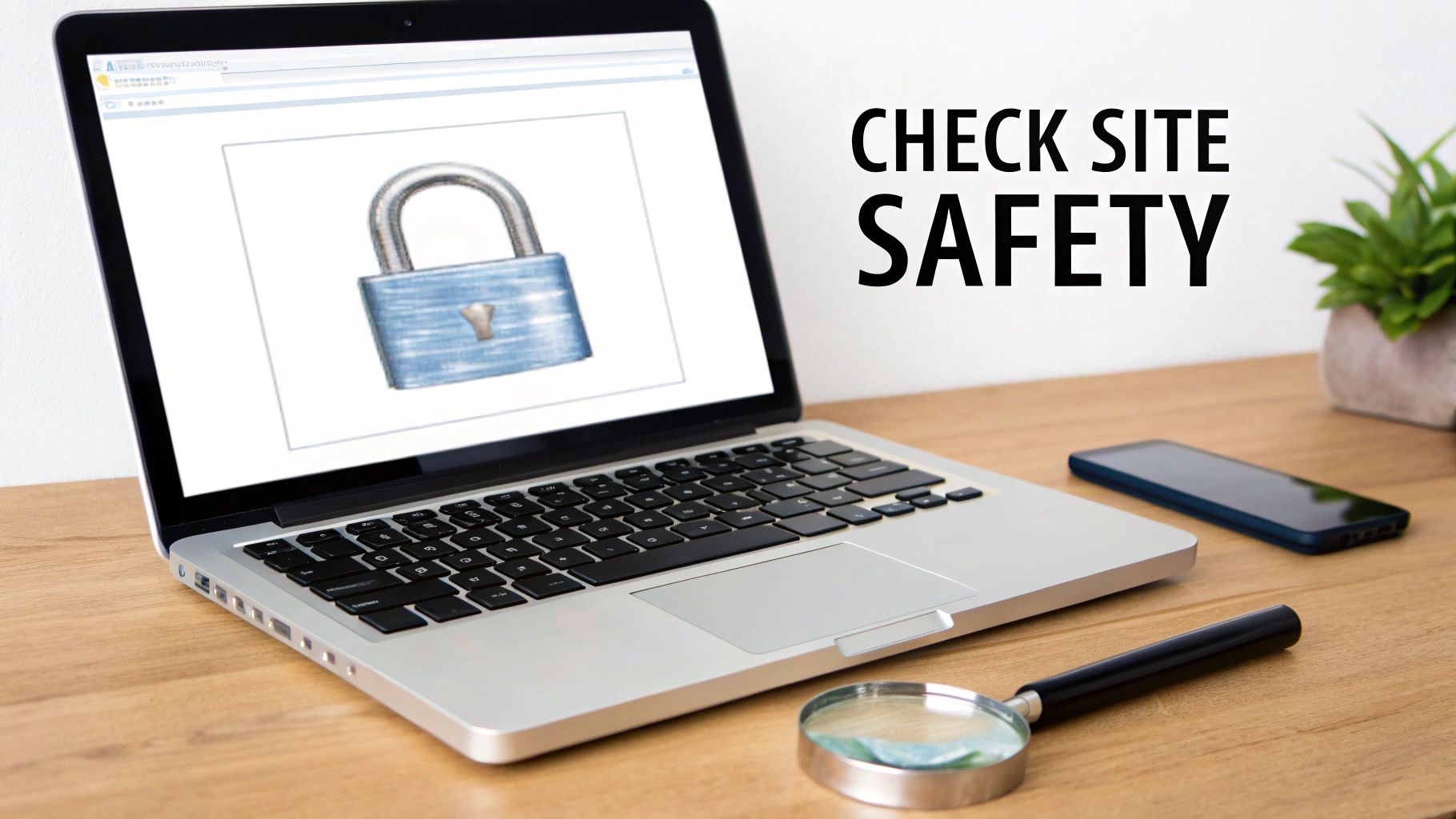 A laptop displaying a padlock image on screen, a smartphone, and a magnifying glass on a desk, illustrating 'CHECK SITE SAFETY'.