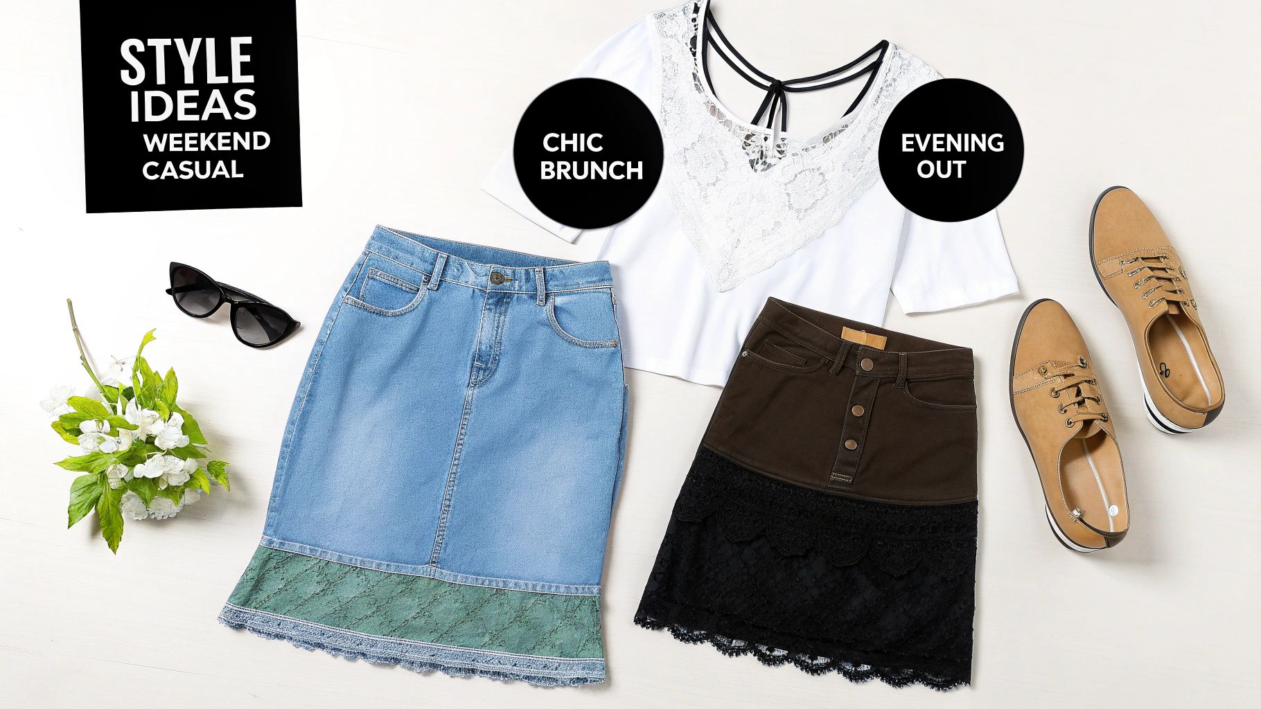 Flat lay of weekend casual style ideas featuring two denim skirts, a white top, and brown shoes.
