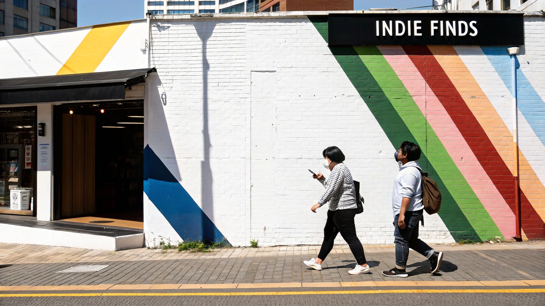People wearing masks walk past a vibrant 'INDIE FINDS' shop with colorful stripes on the wall.