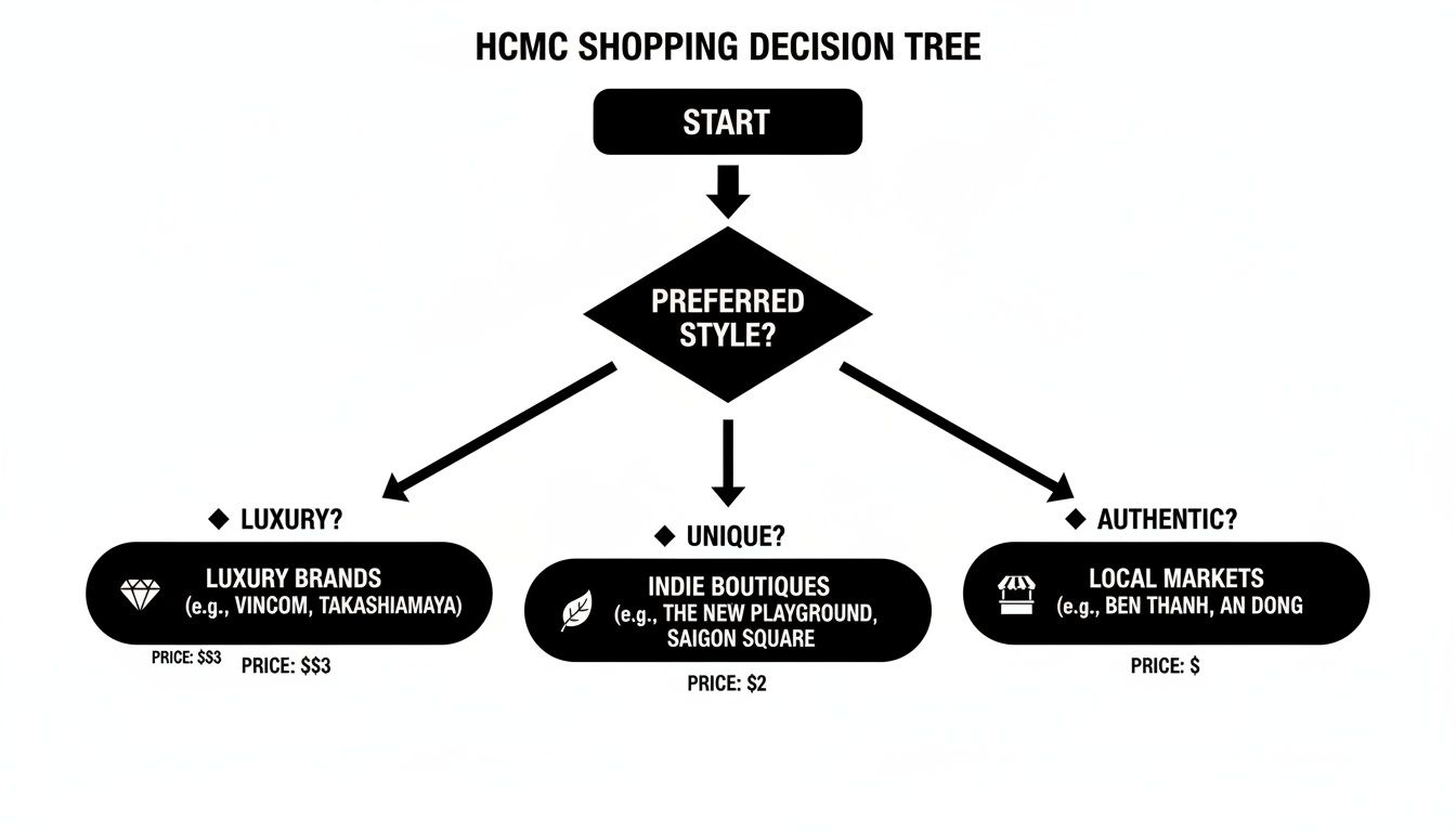 A Ho Chi Minh City shopping decision tree guiding choices based on luxury, unique, or authentic preferences.