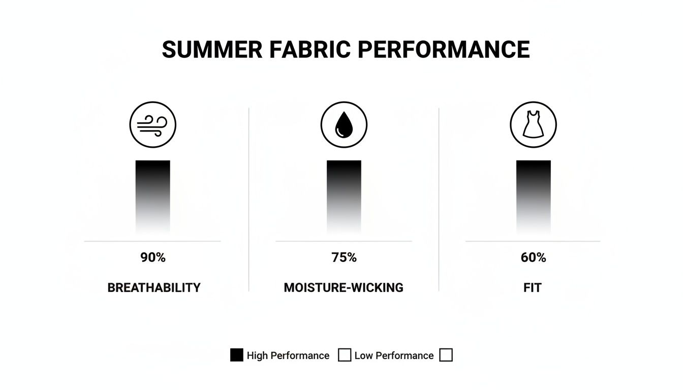 Summer fabric performance chart displaying breathability (90%), moisture-wicking (75%), and fit (60%) ratings.