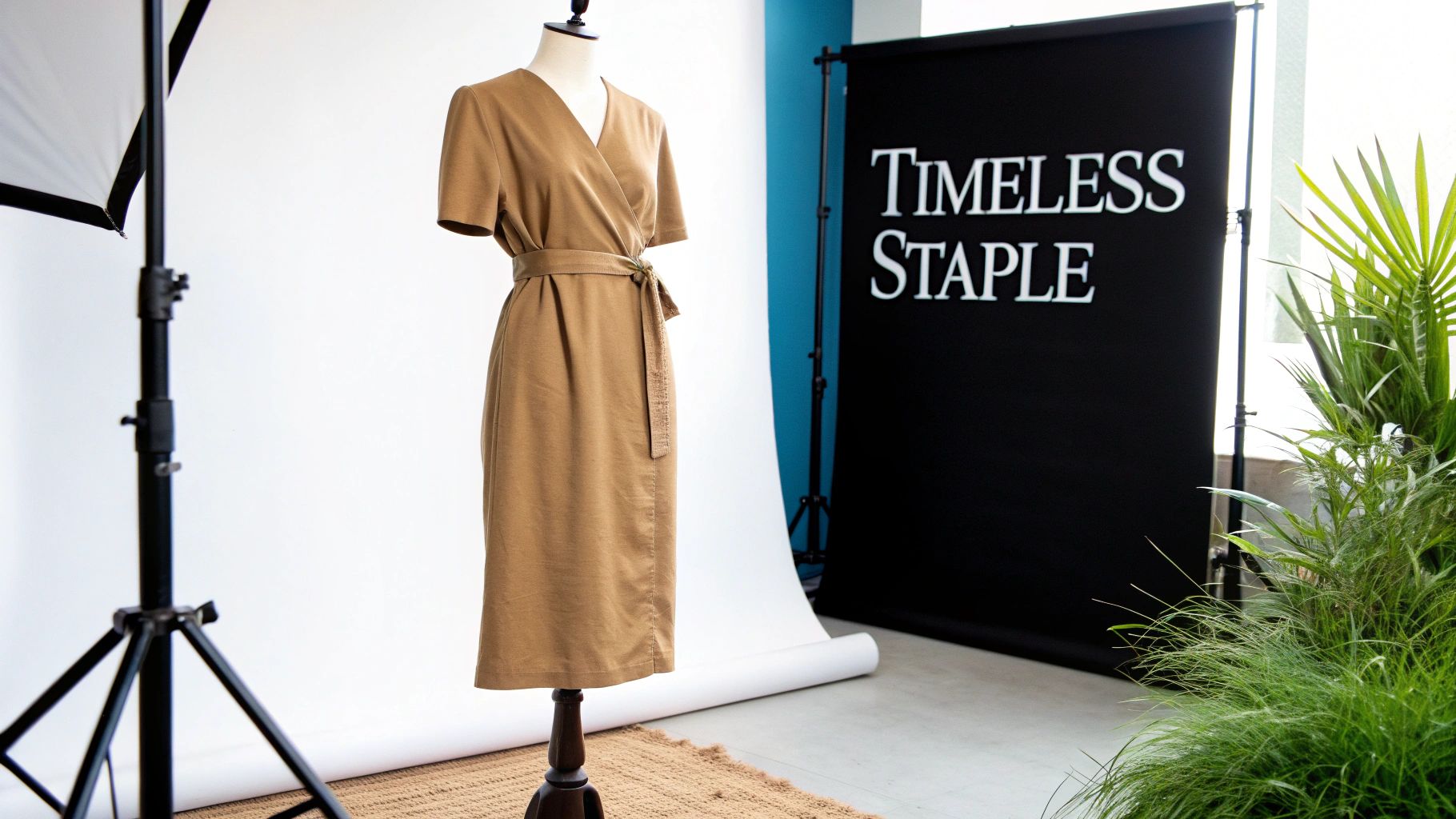A stylish brown wrap dress displayed on a mannequin in a professional fashion studio.