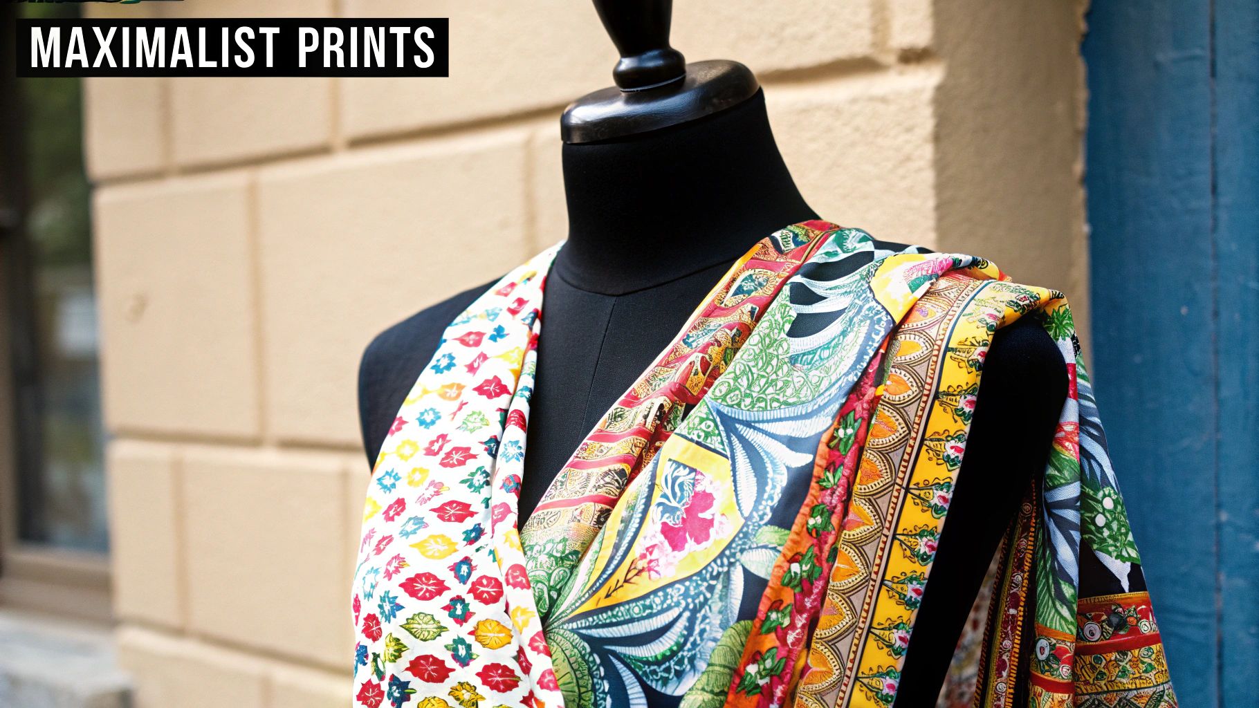 Person wearing a bold, patterned outfit with clashing colors and prints