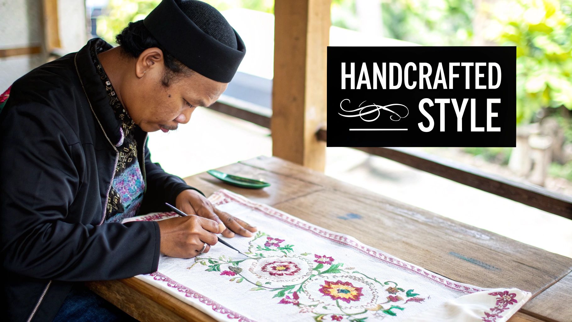 A close-up of a detailed, colorful, handwoven textile showcasing artisanal craftsmanship