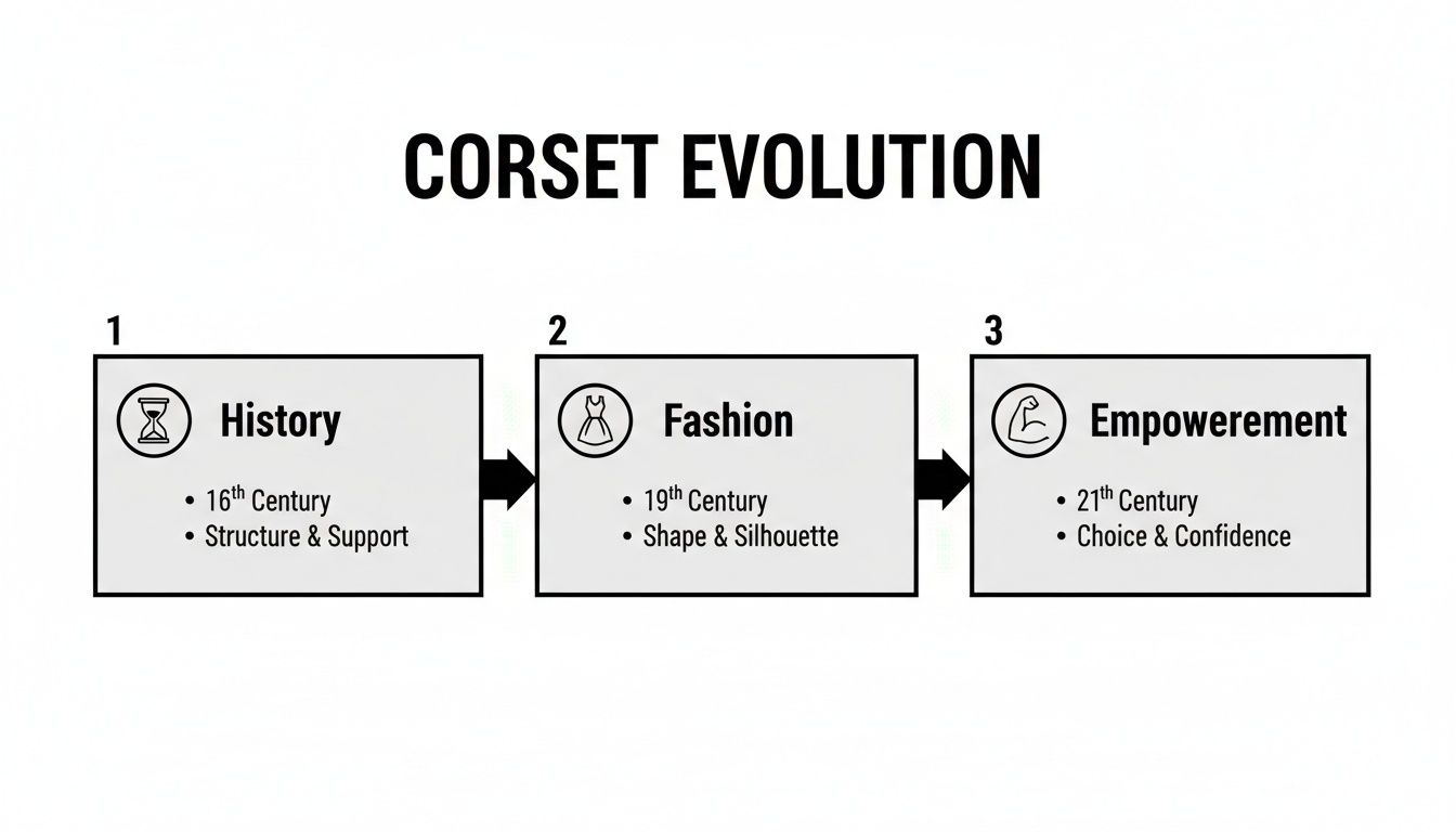 Diagram showing the evolution of corsets through history, fashion, and empowerment across centuries.