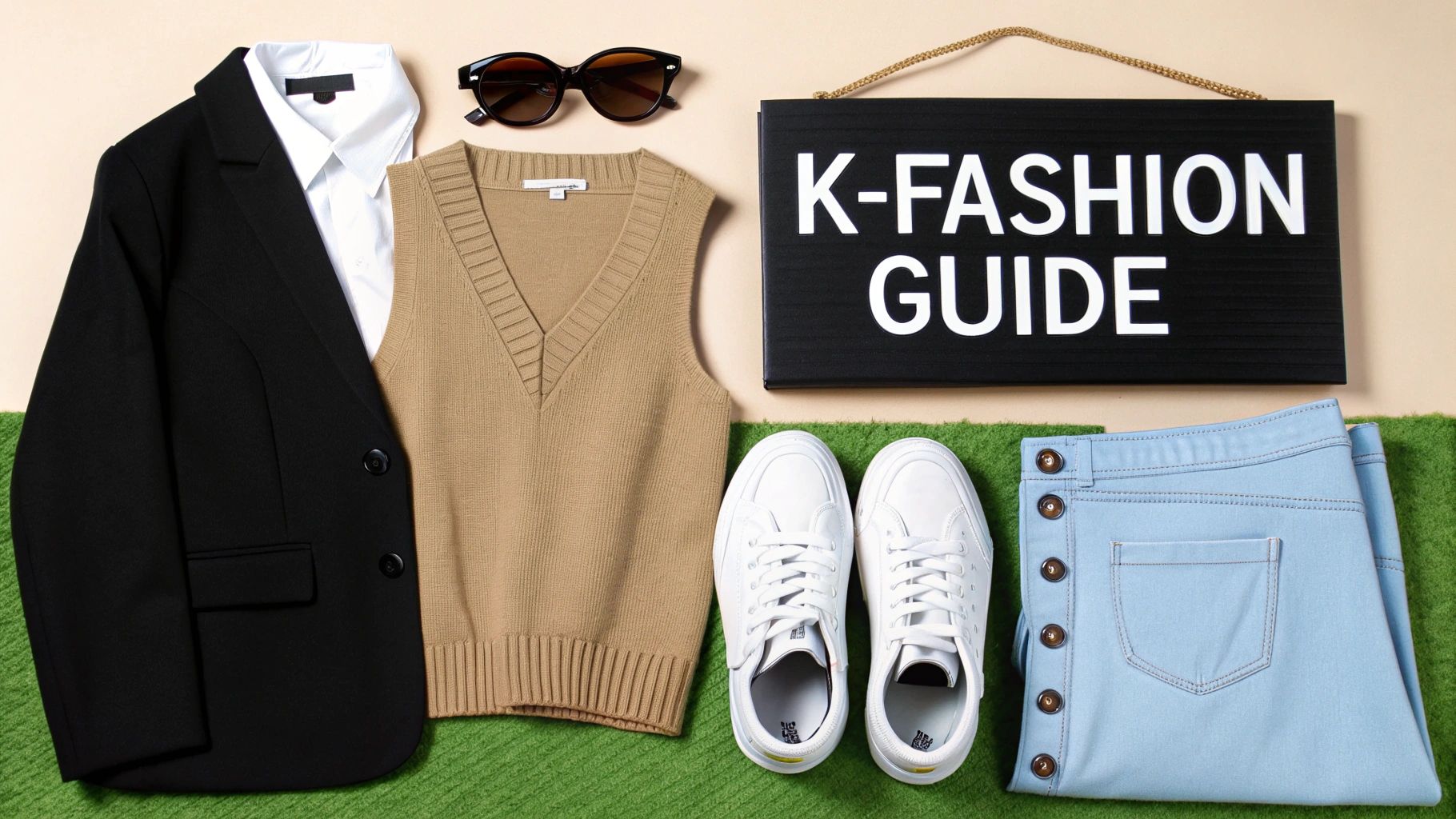 Young woman in stylish Korean fashion outfit smiling outdoors