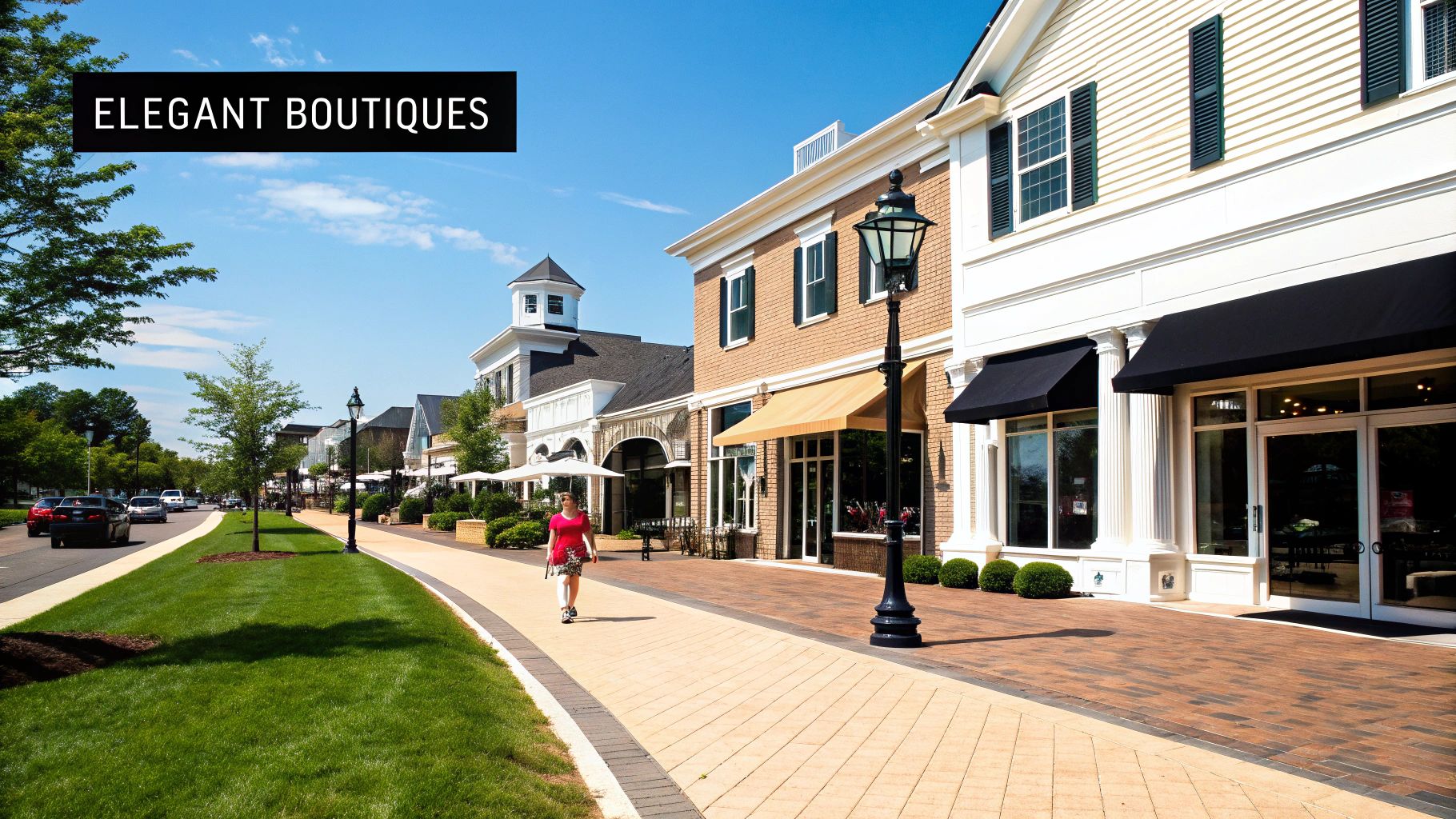 A person walks on a sunny outdoor shopping street lined with elegant boutiques and manicured landscaping.