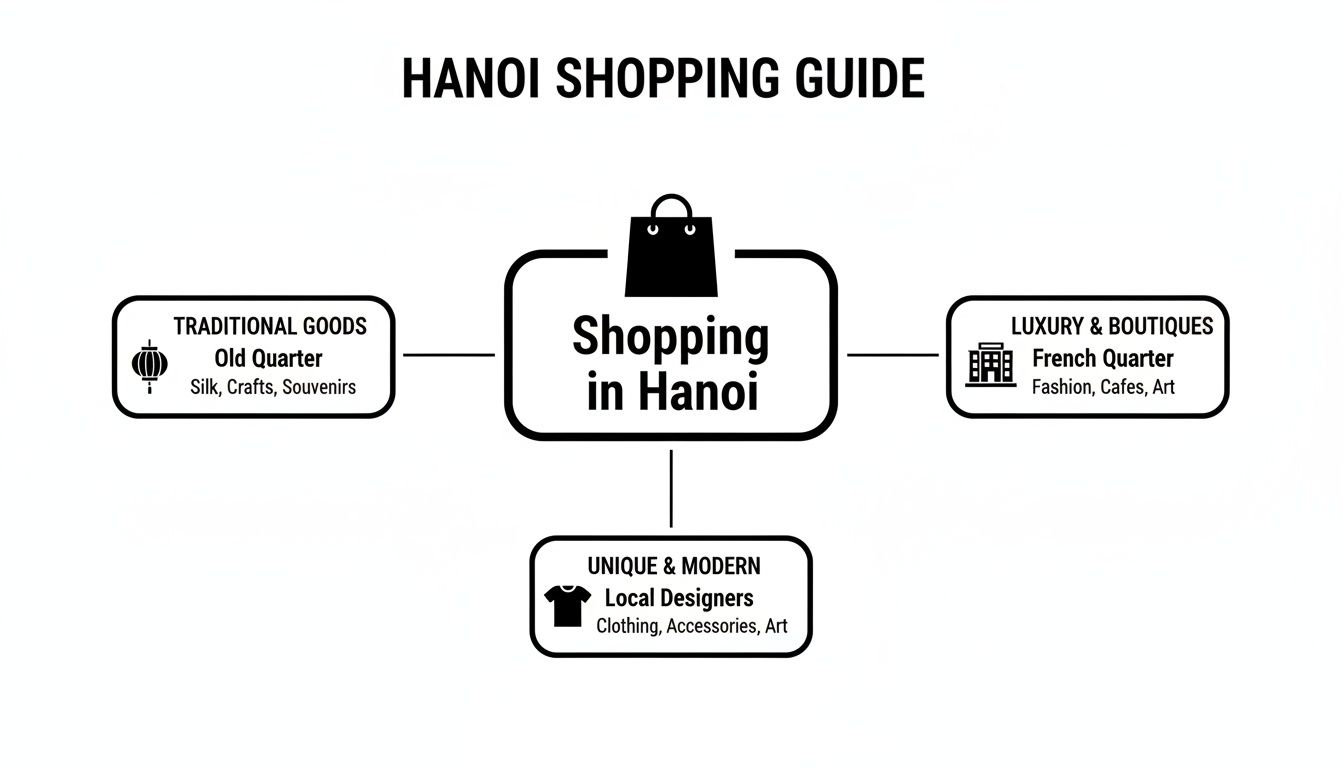 A comprehensive shopping guide for Hanoi, Vietnam, categorizing options into traditional, luxury, and unique modern goods.