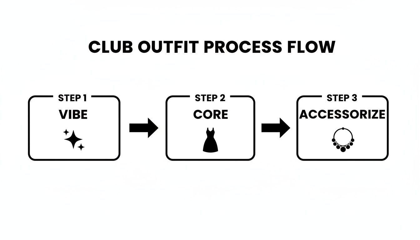 A club outfit process flow chart showing three steps: vibe, core, and accessorize.