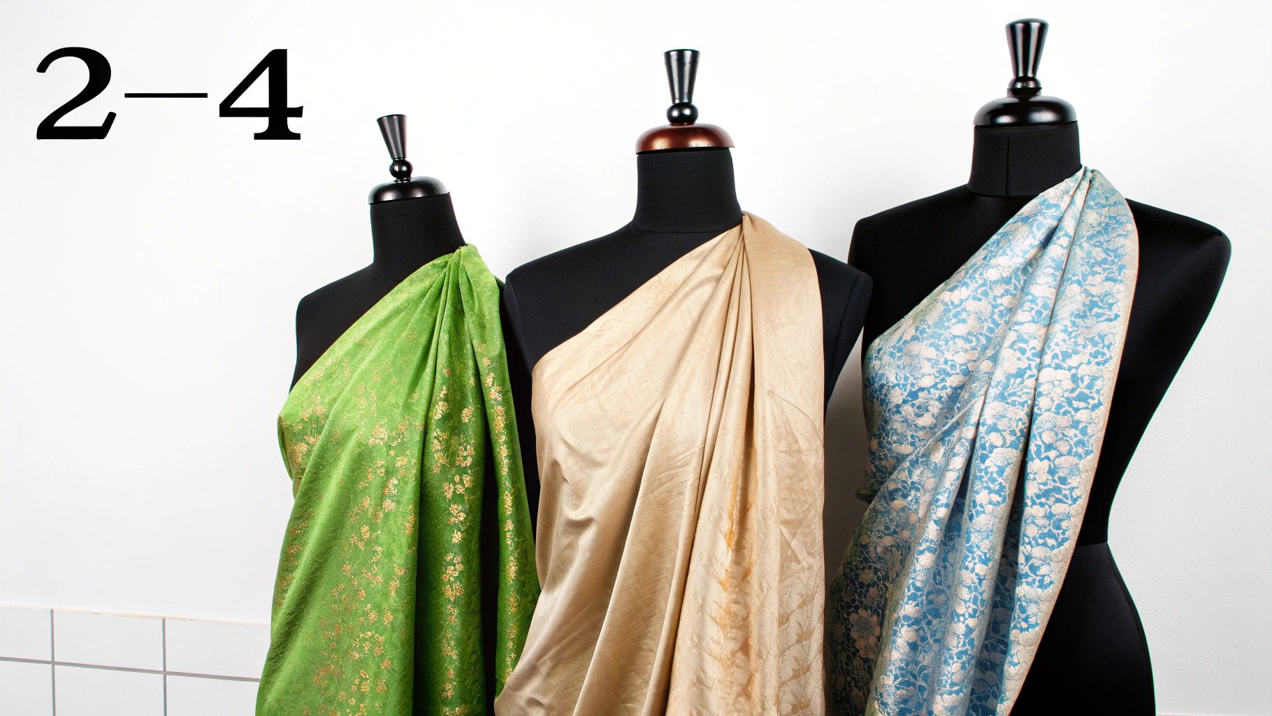 Three dress forms draped in green, beige, and blue fabrics, showcasing different patterns.