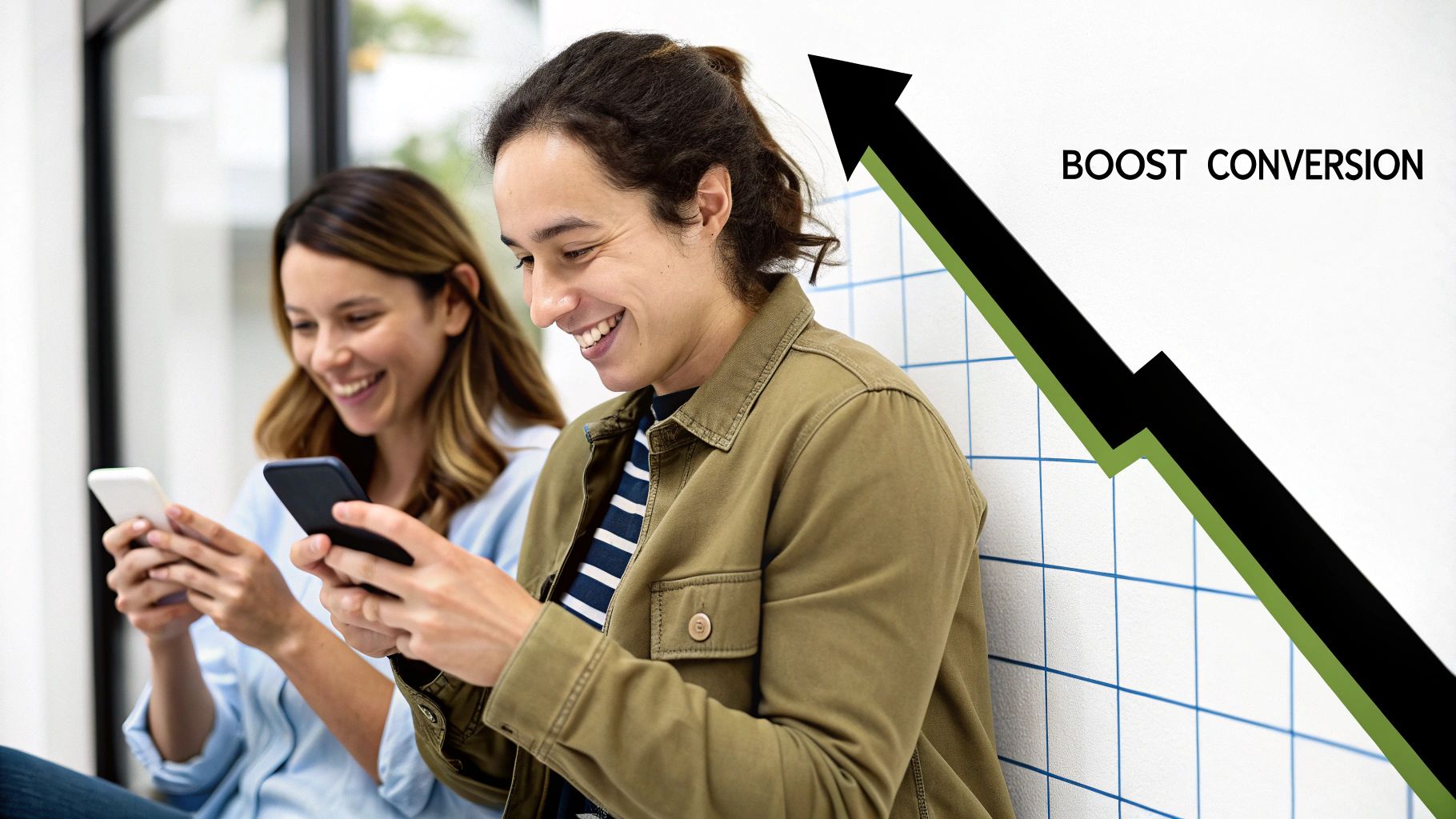 A diverse group of happy shoppers interacting with a virtual fitting room on a large screen in a modern retail store.