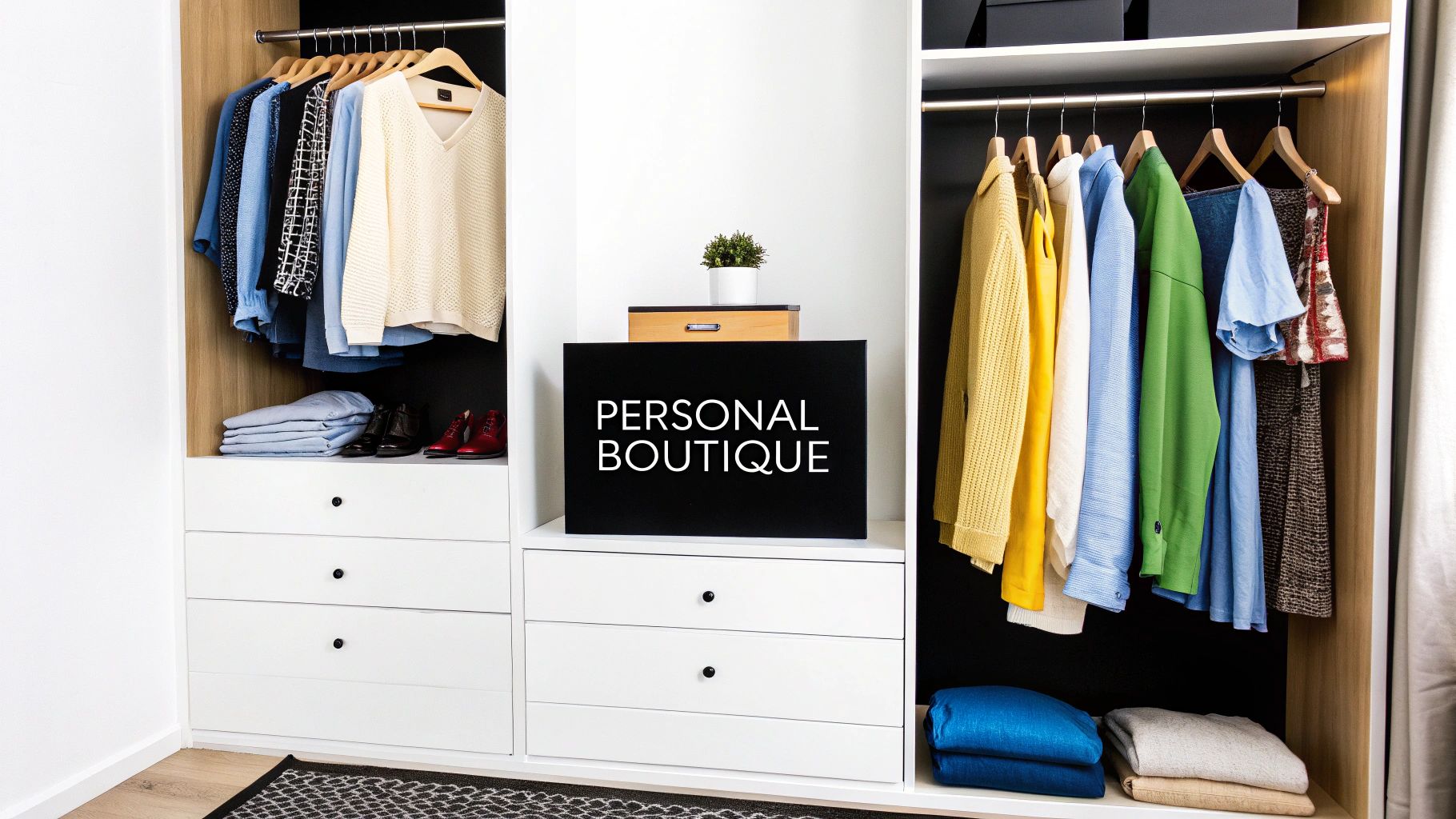 A well-organized white closet featuring hanging clothes, folded garments, shoes, and a 'PERSONAL BOUTIQUE' sign.