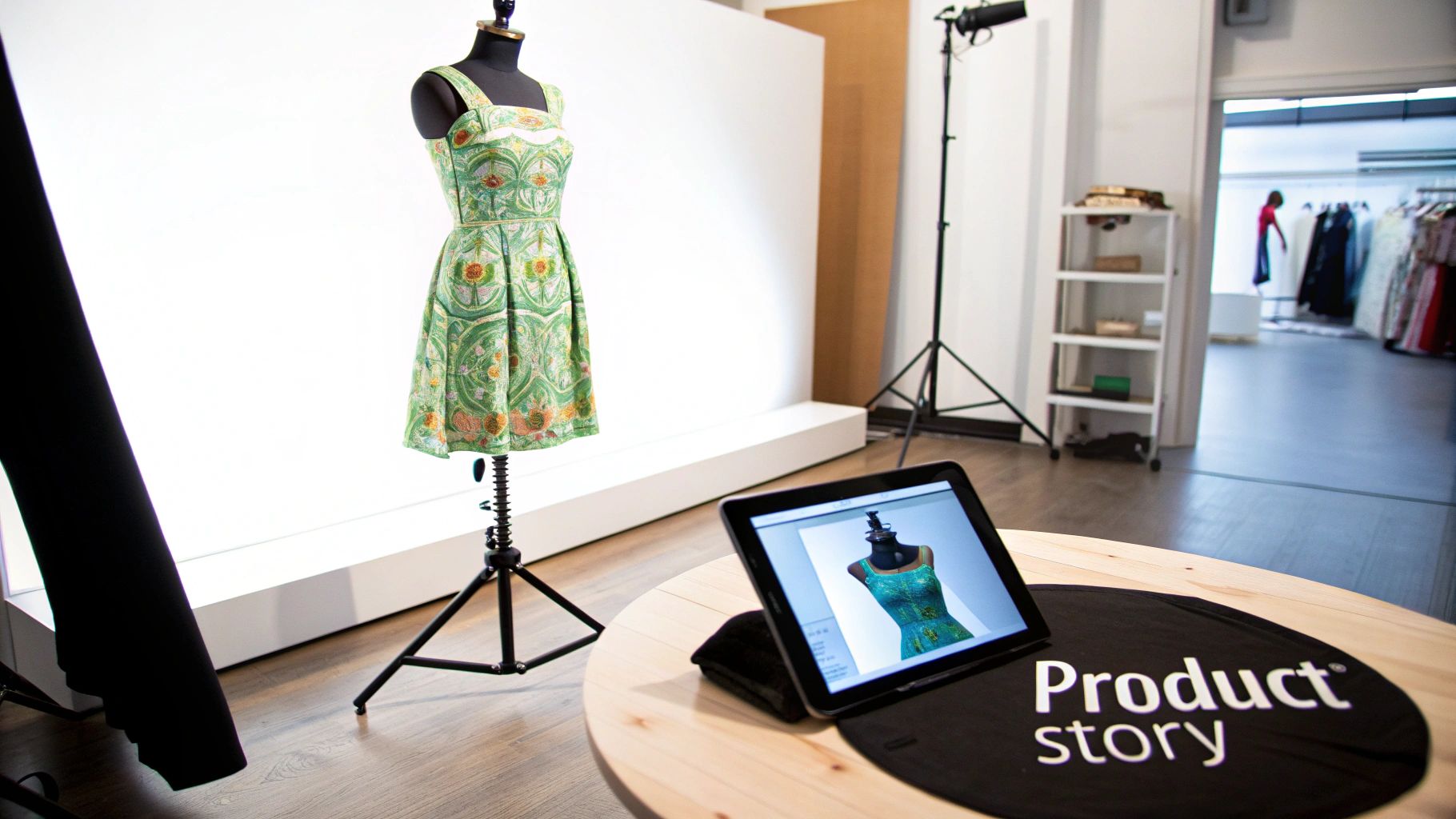 Professional photography studio setup with mannequin displaying floral dress and tablet showing product image