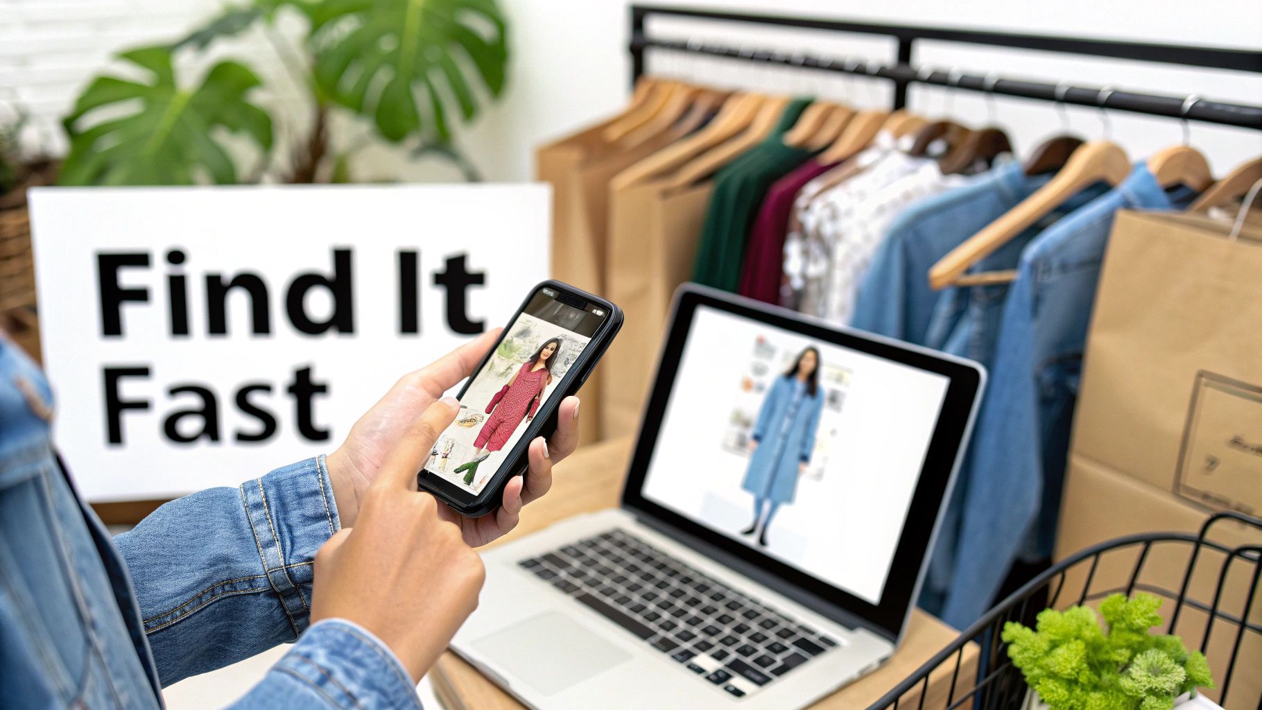 Woman browsing online fashion store on smartphone and laptop with clothing rack in background